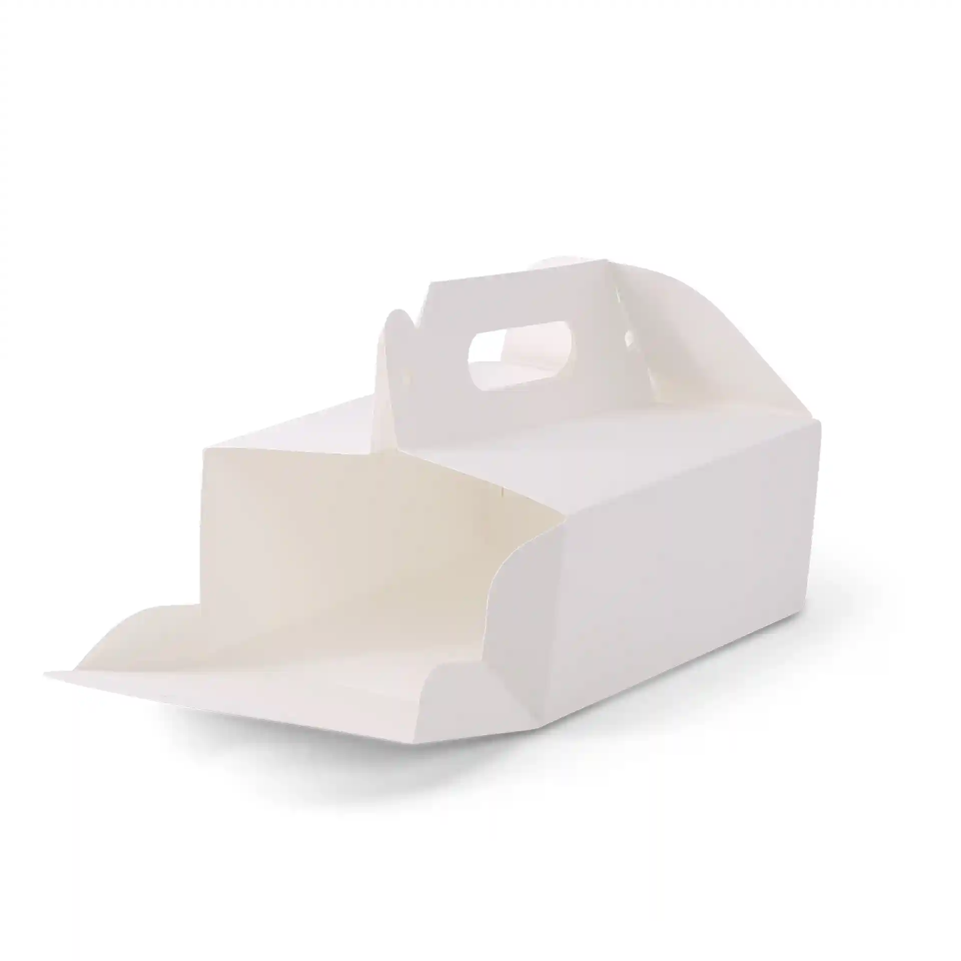 Weißer rechteckiger Pappkuchenbehälter mit Griff, 21 x 17 x 9 cm, in geöffneter Position gezeigt.