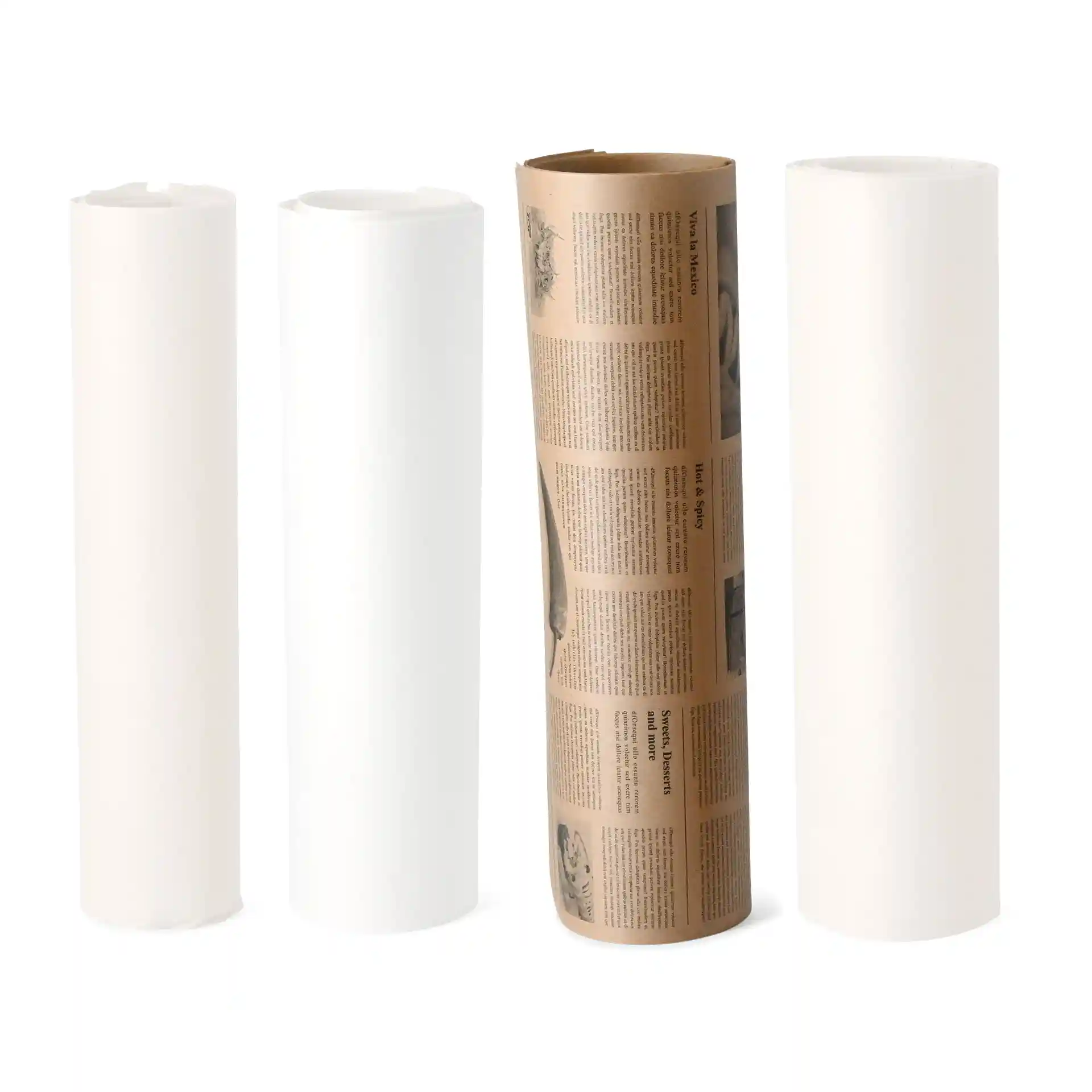 Four rolls of greaseproof paper in white and a printed kraft paper roll with newspaper design.