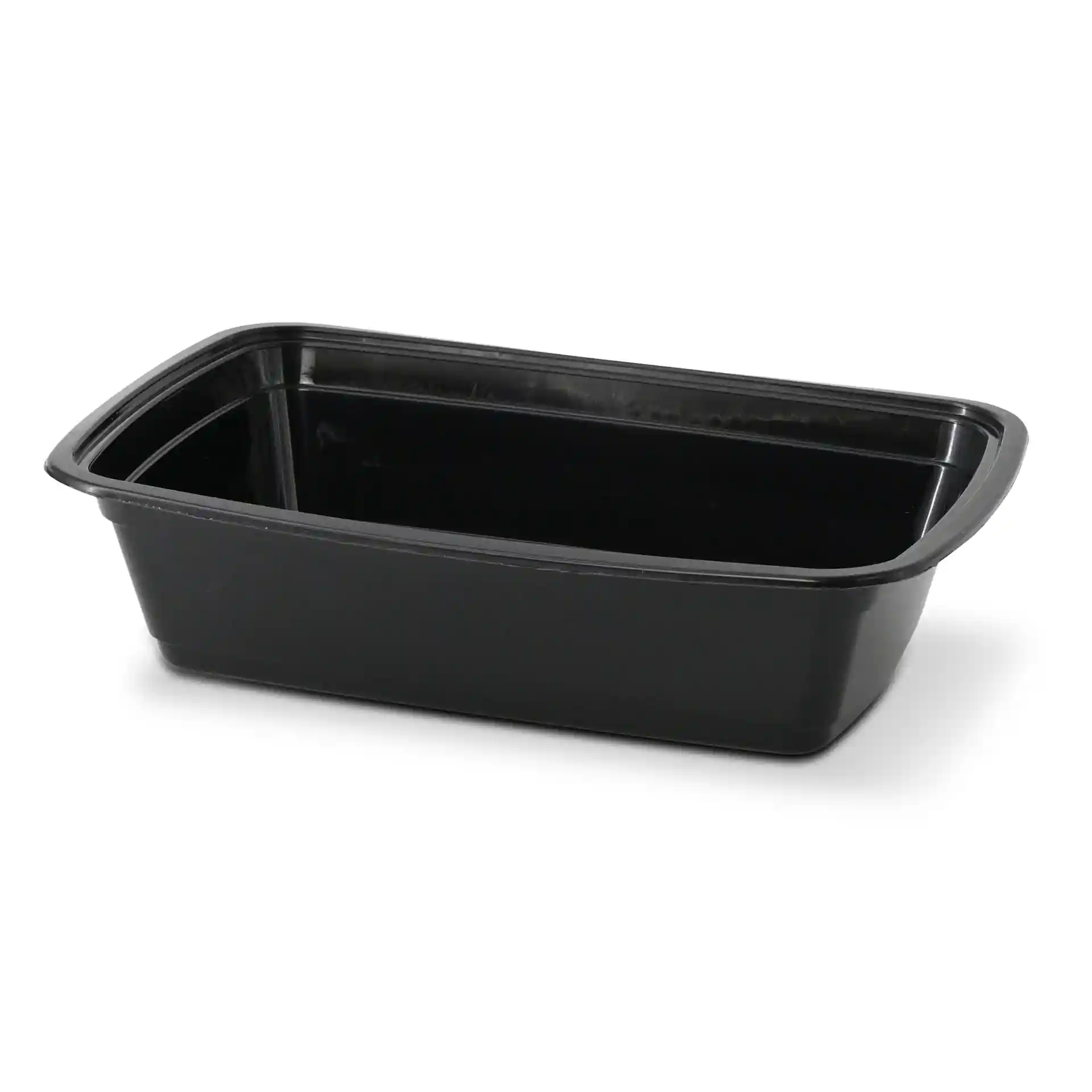 Schwarzer rechteckiger wiederverwendbarer Behälter mit einem Volumen von 1000 ml, 217 mm lang, 150 mm breit und 52 mm hoch.