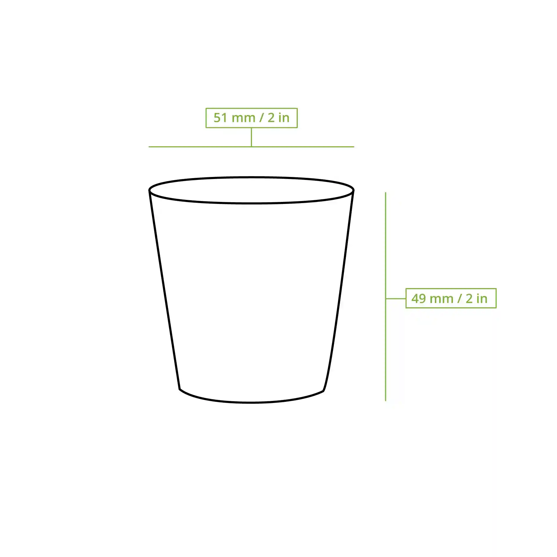 Schematic drawing of a round paper shot cup with dimensions, showing height of 49 mm and top diameter of 51 mm.
