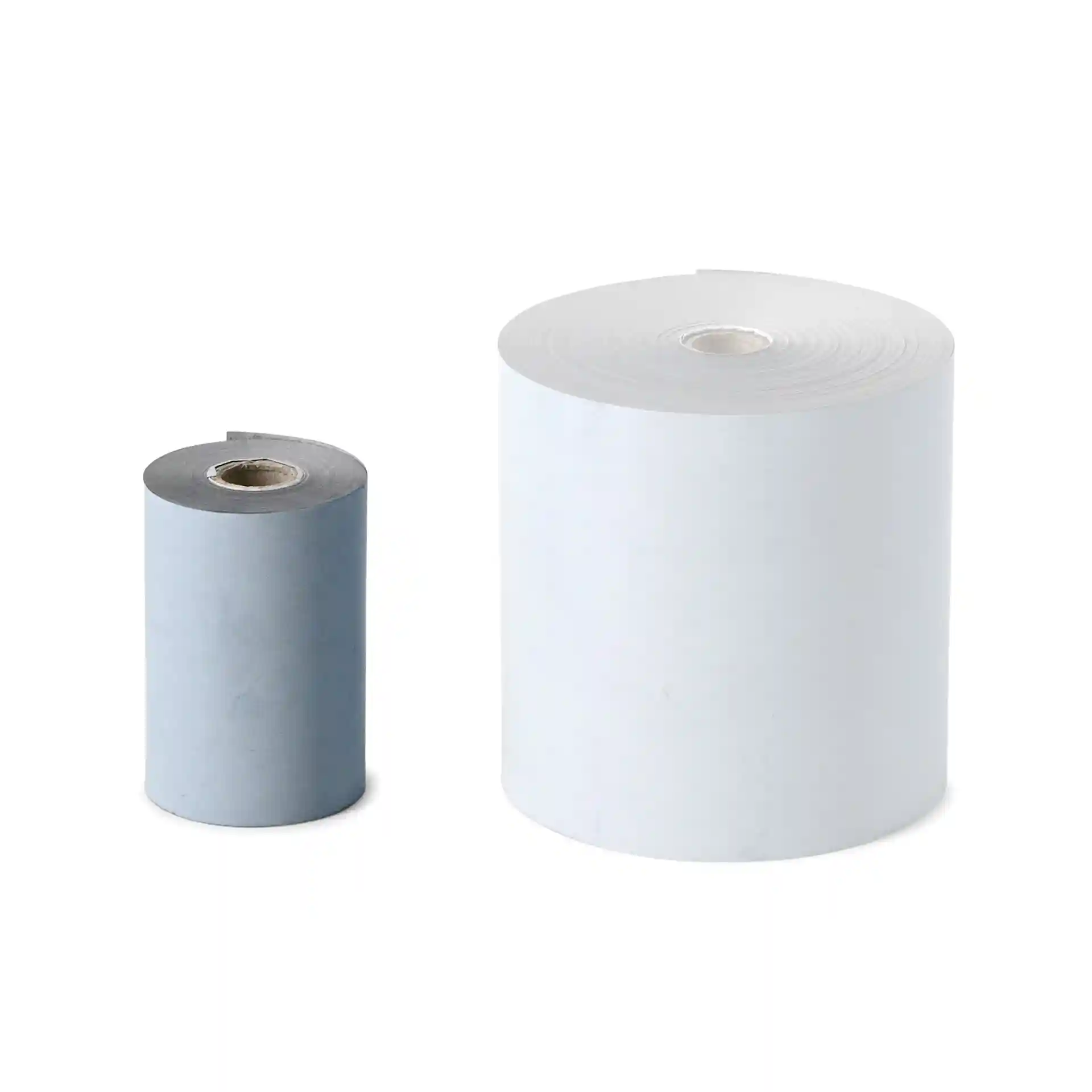 Image of two rolls of thermal paper, one grey and smaller, the other white and larger, both with visible cores.