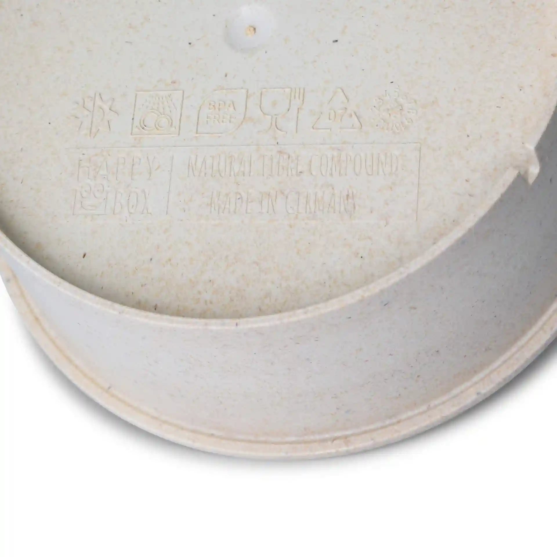 Runde wiederverwendbare Schüssel in cremeweiß, aus biologischem Material, mit einem Durchmesser von 150 mm und einer Höhe von 60 mm.