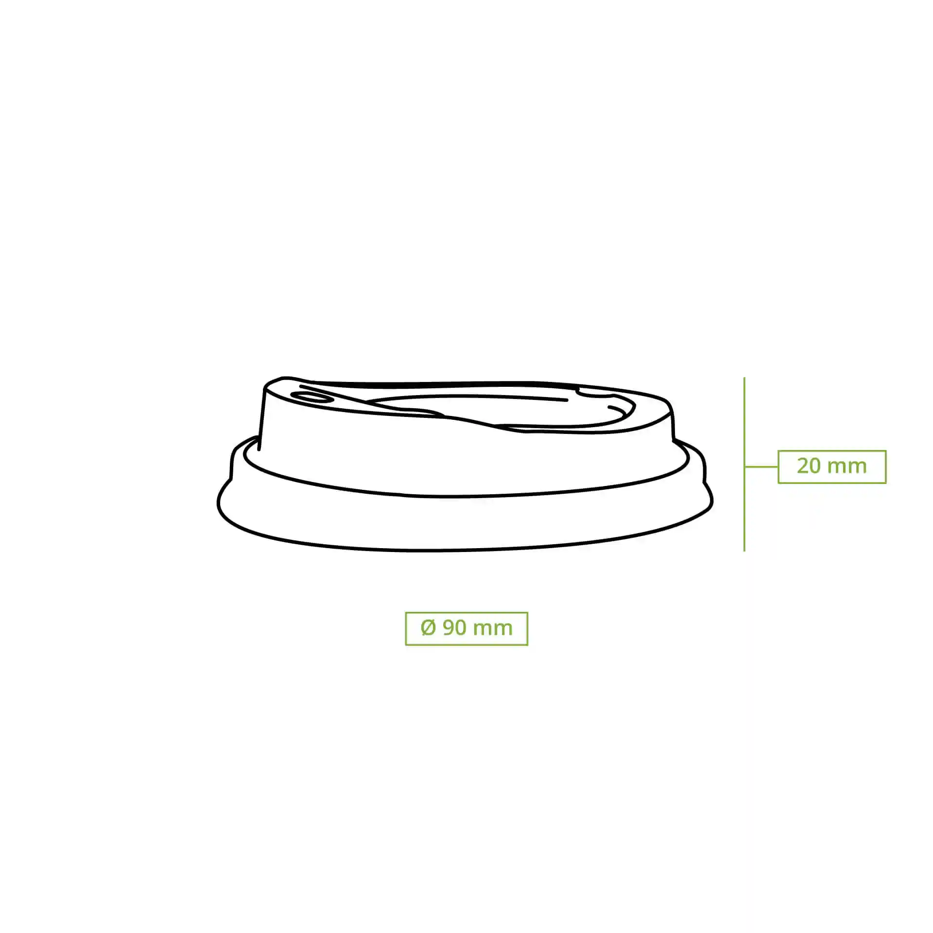 Schematic drawing of a black CPLA lid with a drinking hole, dimensions 90 mm diameter and 20 mm height.