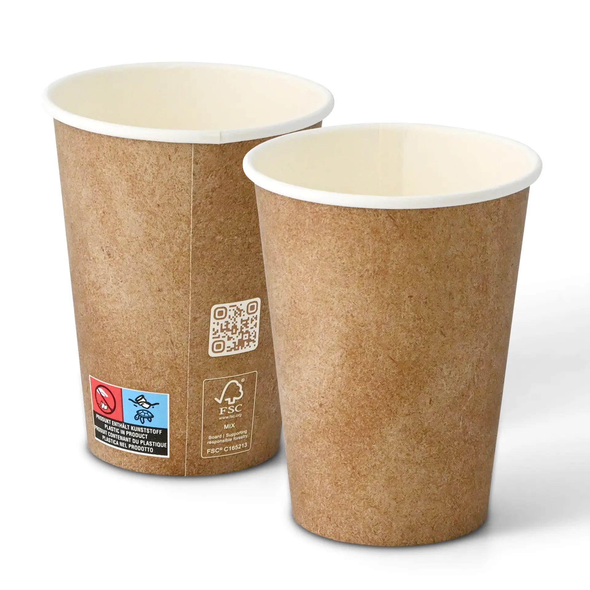 Brown paper cup with a white inner lining, 300 ml capacity, single wall, and a diameter of 90 mm.