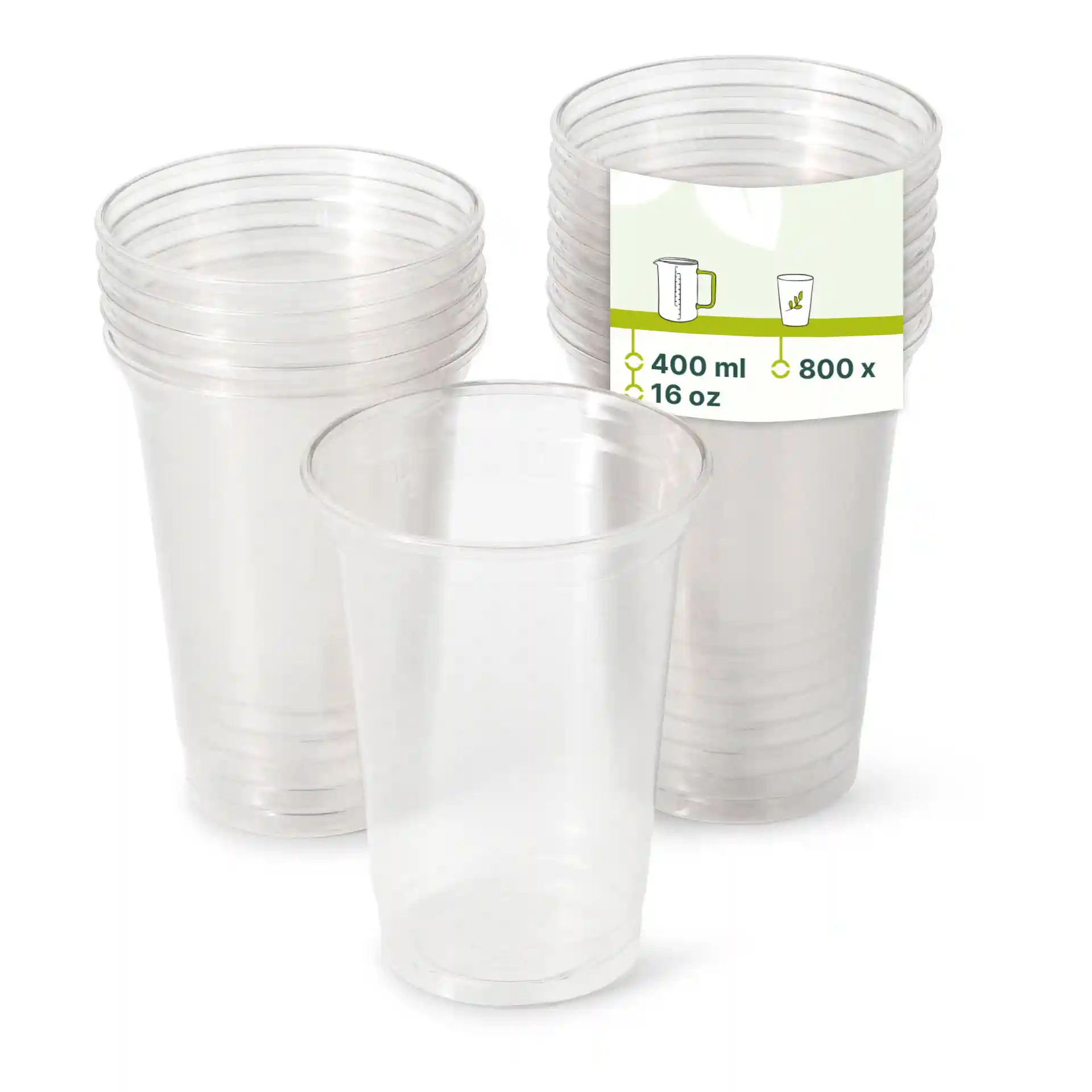 Transparent 16 oz rPET clear cups stacked together with a label showing capacity and quantity.