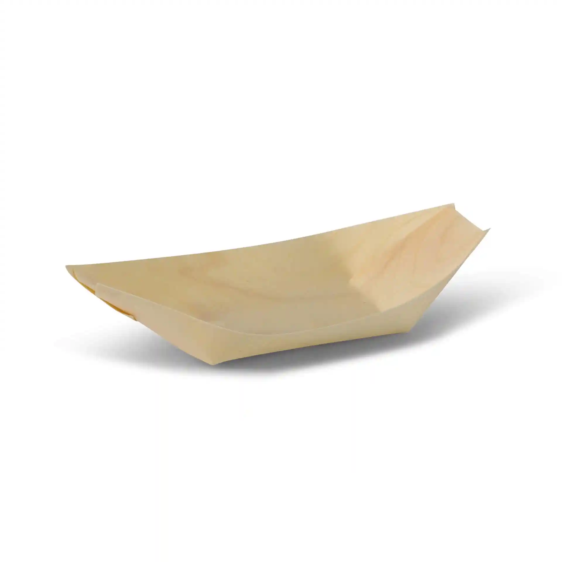 Holzschale in Bootform, 17 cm lang, aus braunem Holz, mit glatter Oberfläche.