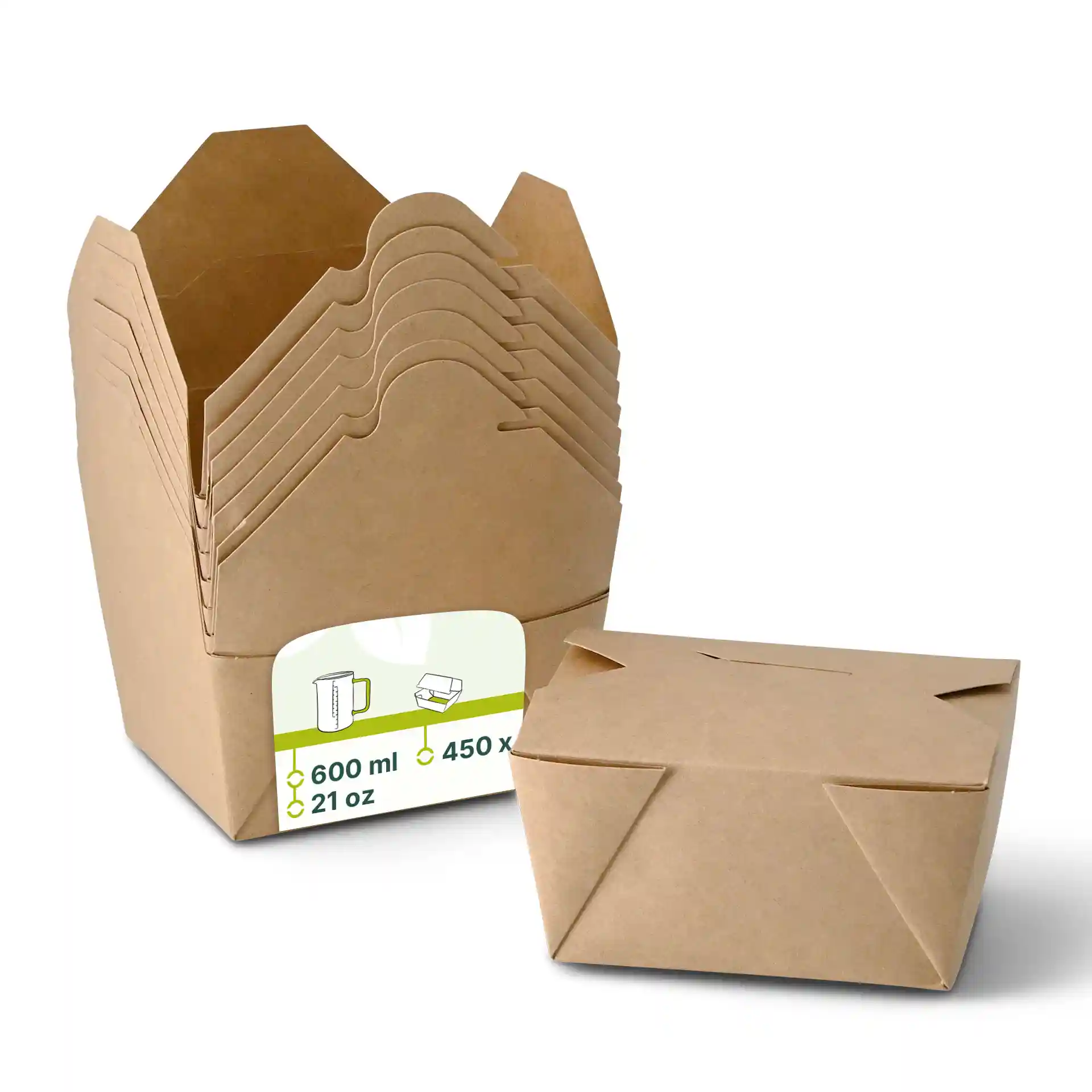 Brown take-away cardboard boxes stacked, with one box in front, showing dimensions and volume label.