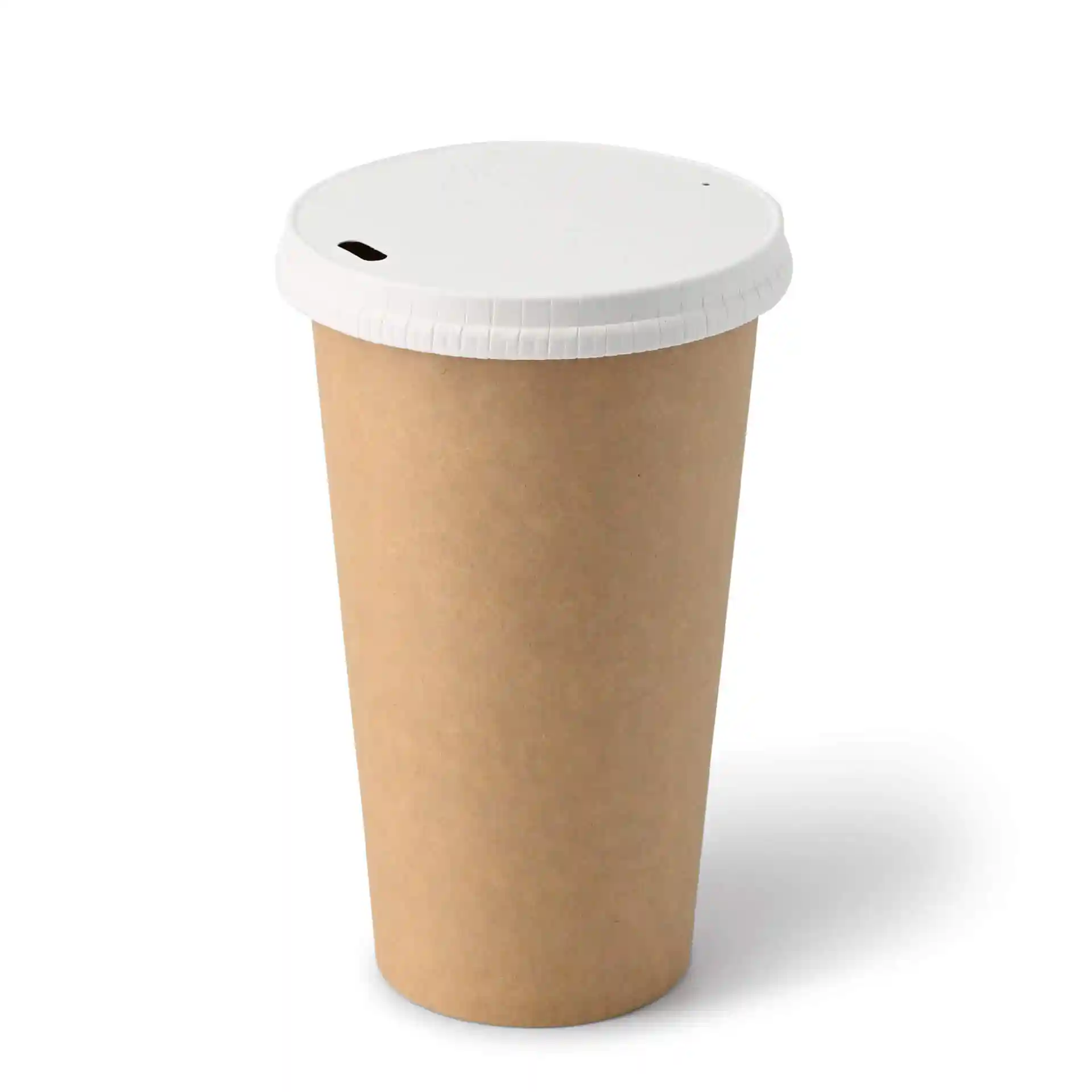 Brown paper cup with a white lid, round shape, 20 oz capacity, and a diameter of 90 mm at the top.