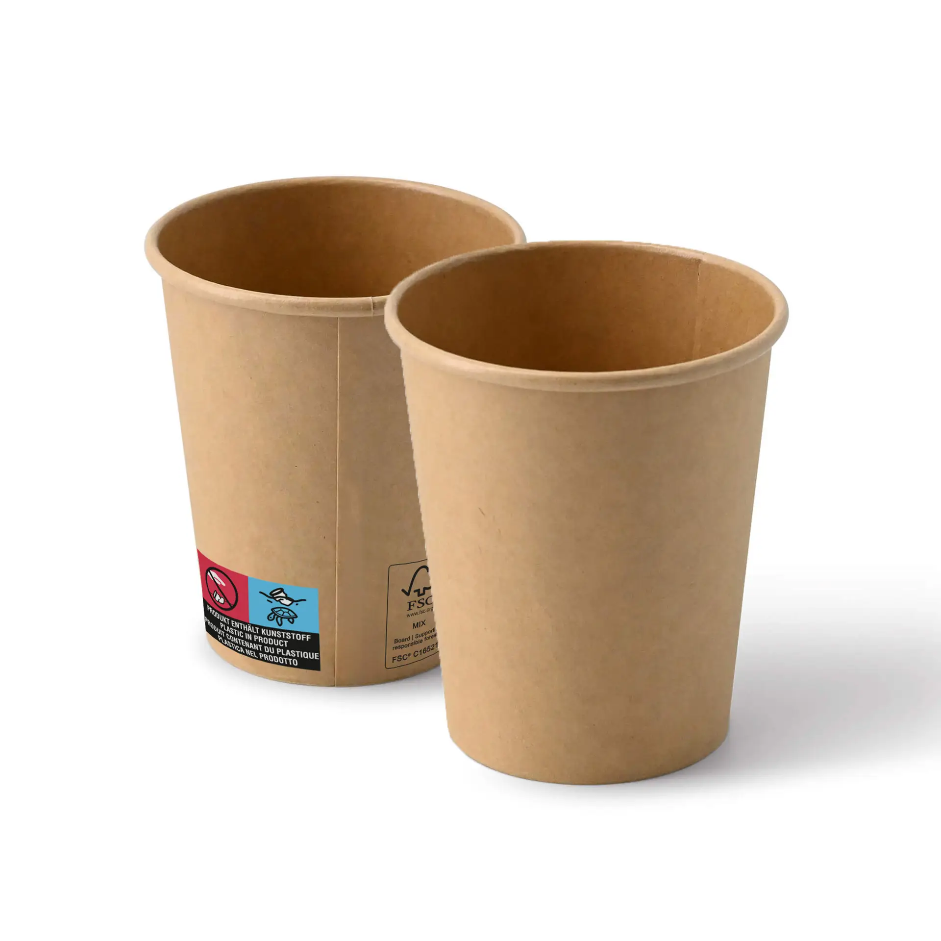 Brown paper cups, 8 oz size, with a PE coating; displayed two cups, one slightly behind the other with a label.