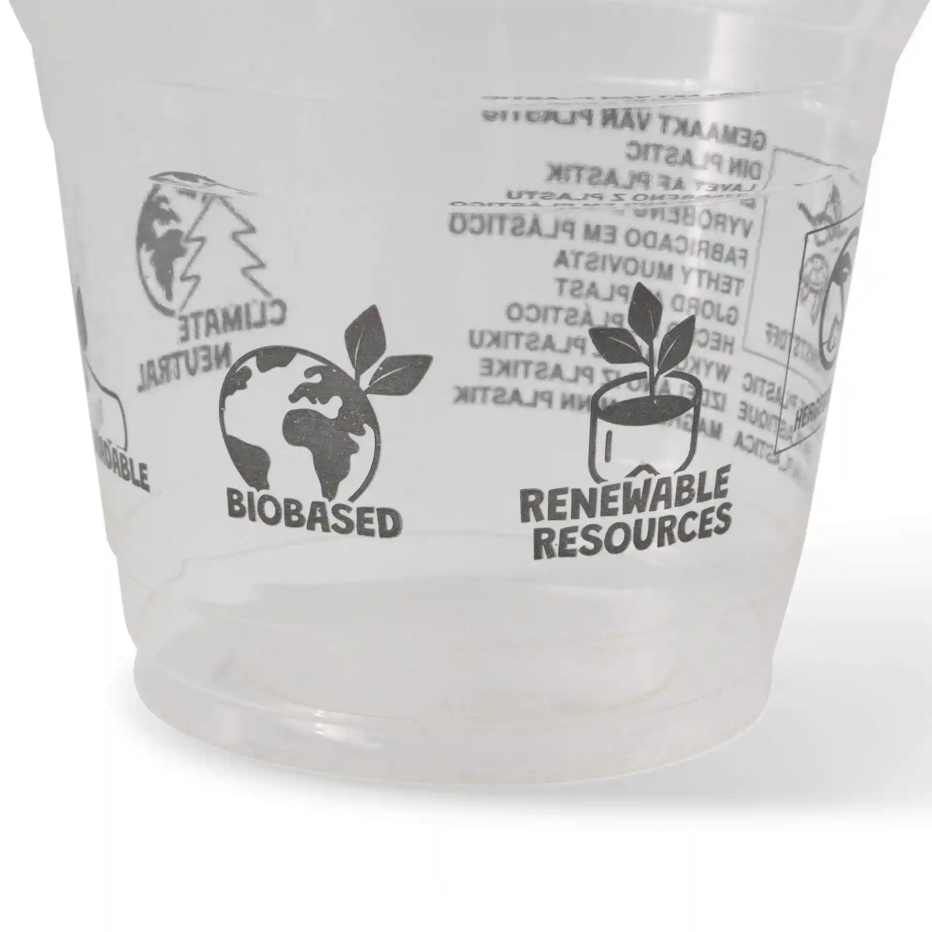 Transparenter 8 oz PLA Smoothie-Becher mit gedruckten Symbolen, darunter ein Globus und Pflanzendesigns.