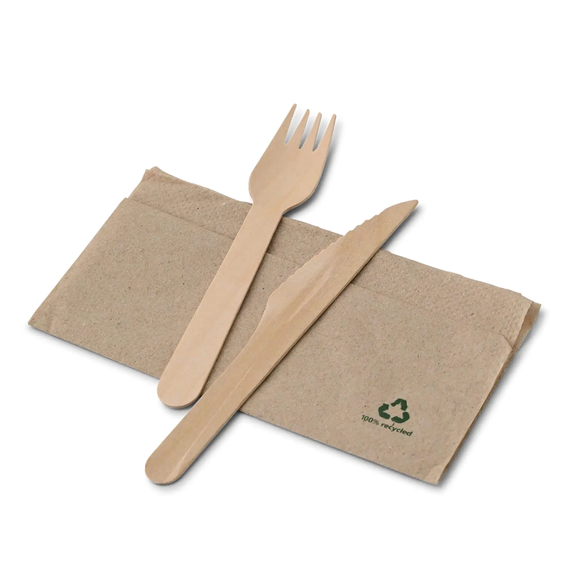 Set of wooden cutlery including a fork and knife on a rectangular unbleached paper napkin.