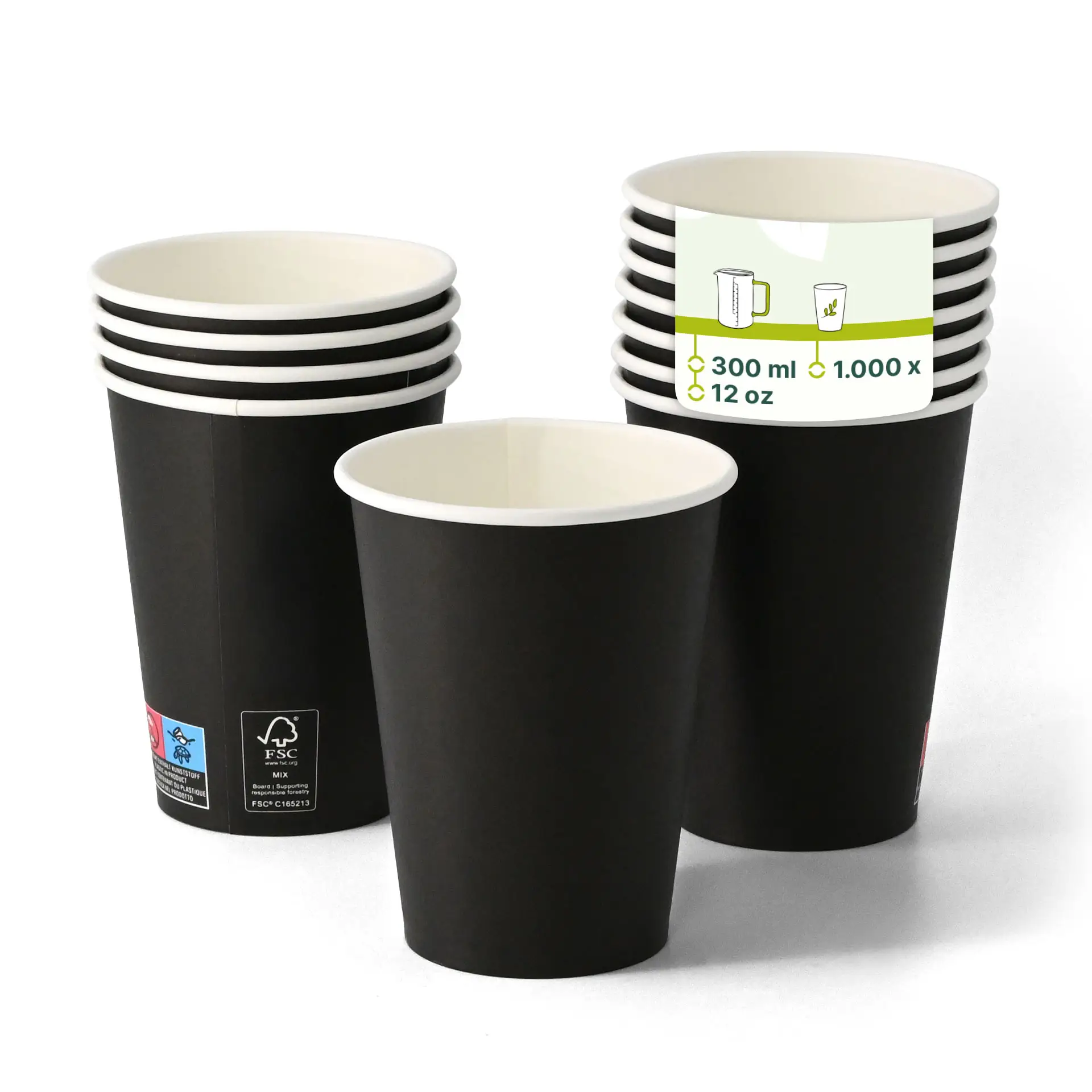 One black 12 oz paper cup with white interior; several similar cups are positioned behind with reduced opacity.