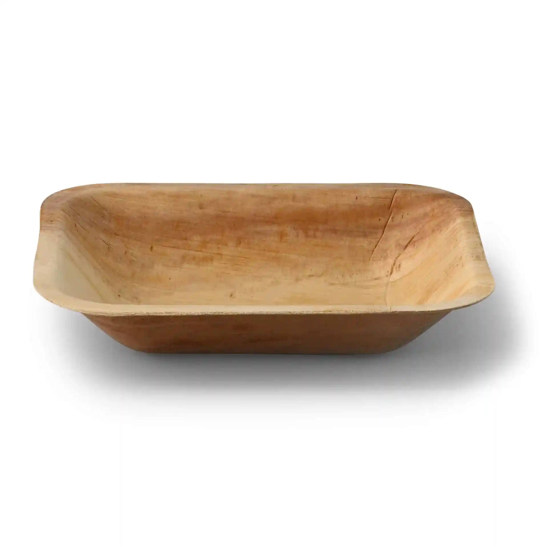 Deep rectangular palm leaf plate with a natural grain finish, measuring 16 x 13 cm.