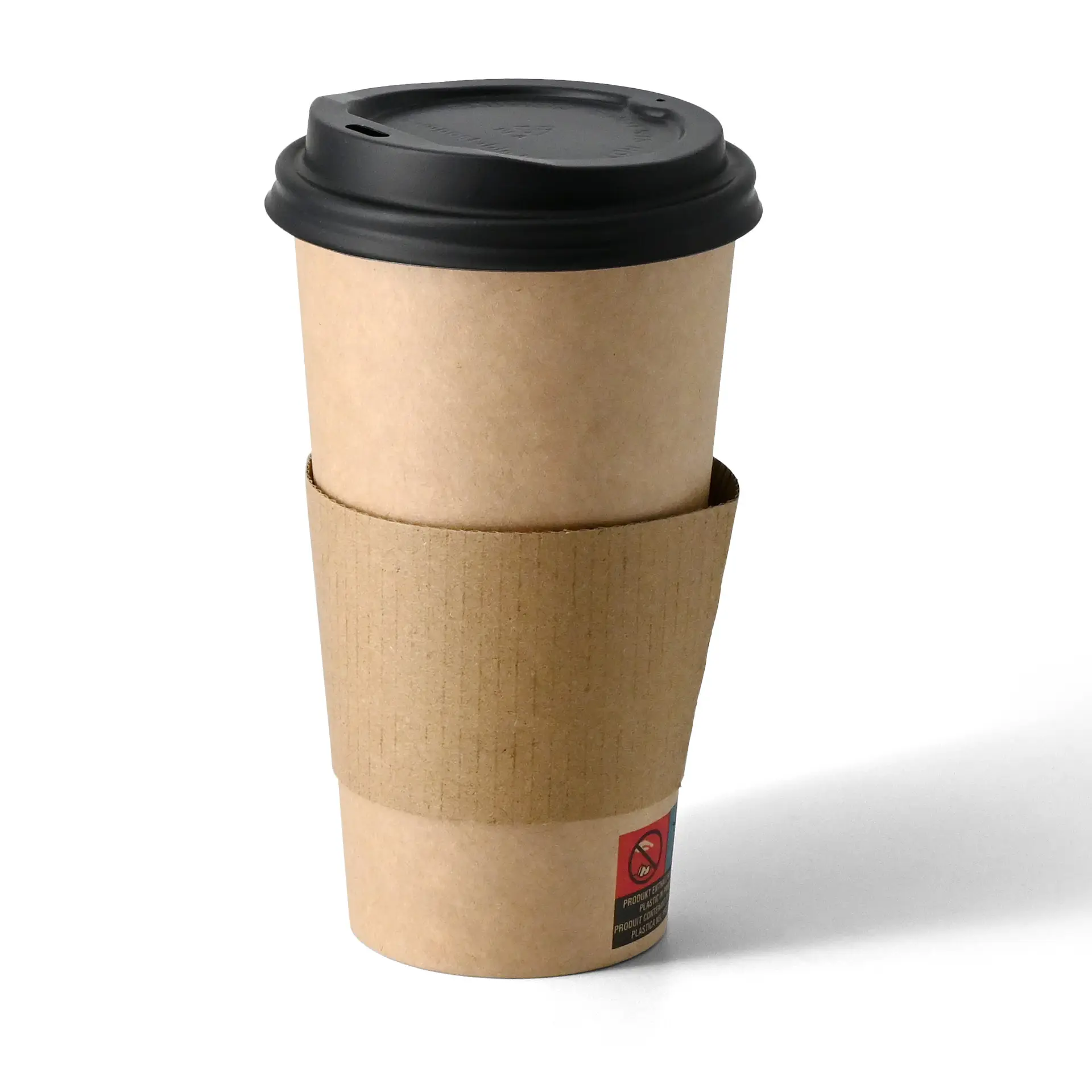 Einweg-Becher aus braunem Papier mit schwarzem Deckel, PLA-Beschichtung, geeignet für heiße und kalte Getränke, 500 ml.