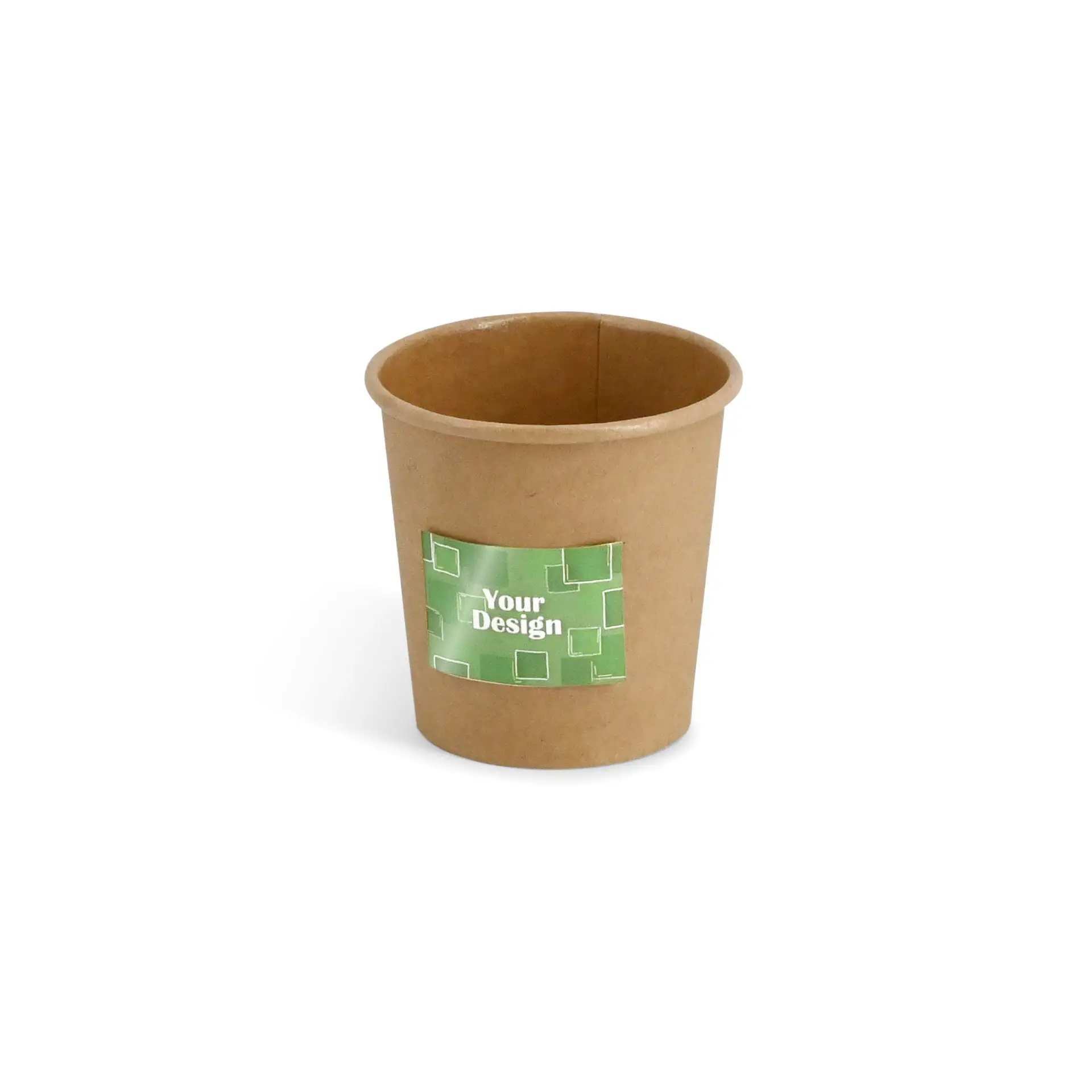 Brown kraft paper cup with a custom green label featuring the words "Your Design" in white text.