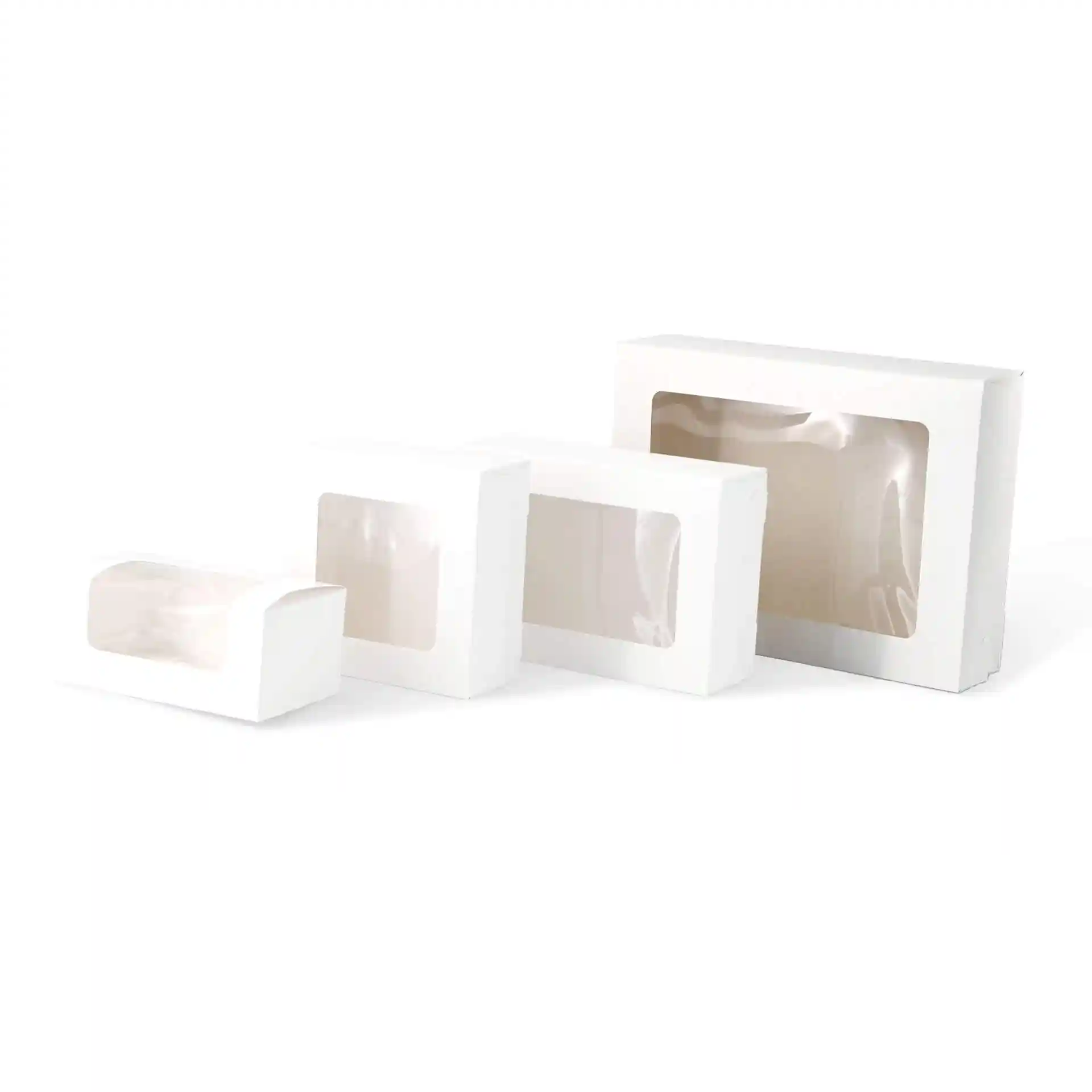 Four white cardboard cupcake boxes with transparent windows, arranged in increasing size from left to right.