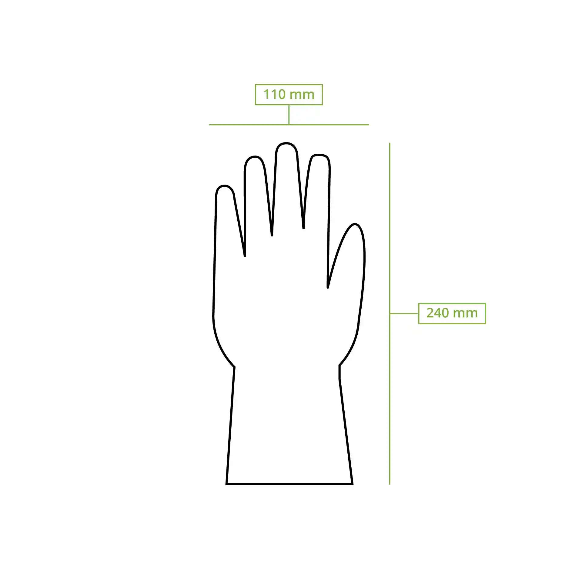 Schematische Zeichnung einer Hand mit den Maßen 110 mm Breite und 240 mm Höhe.