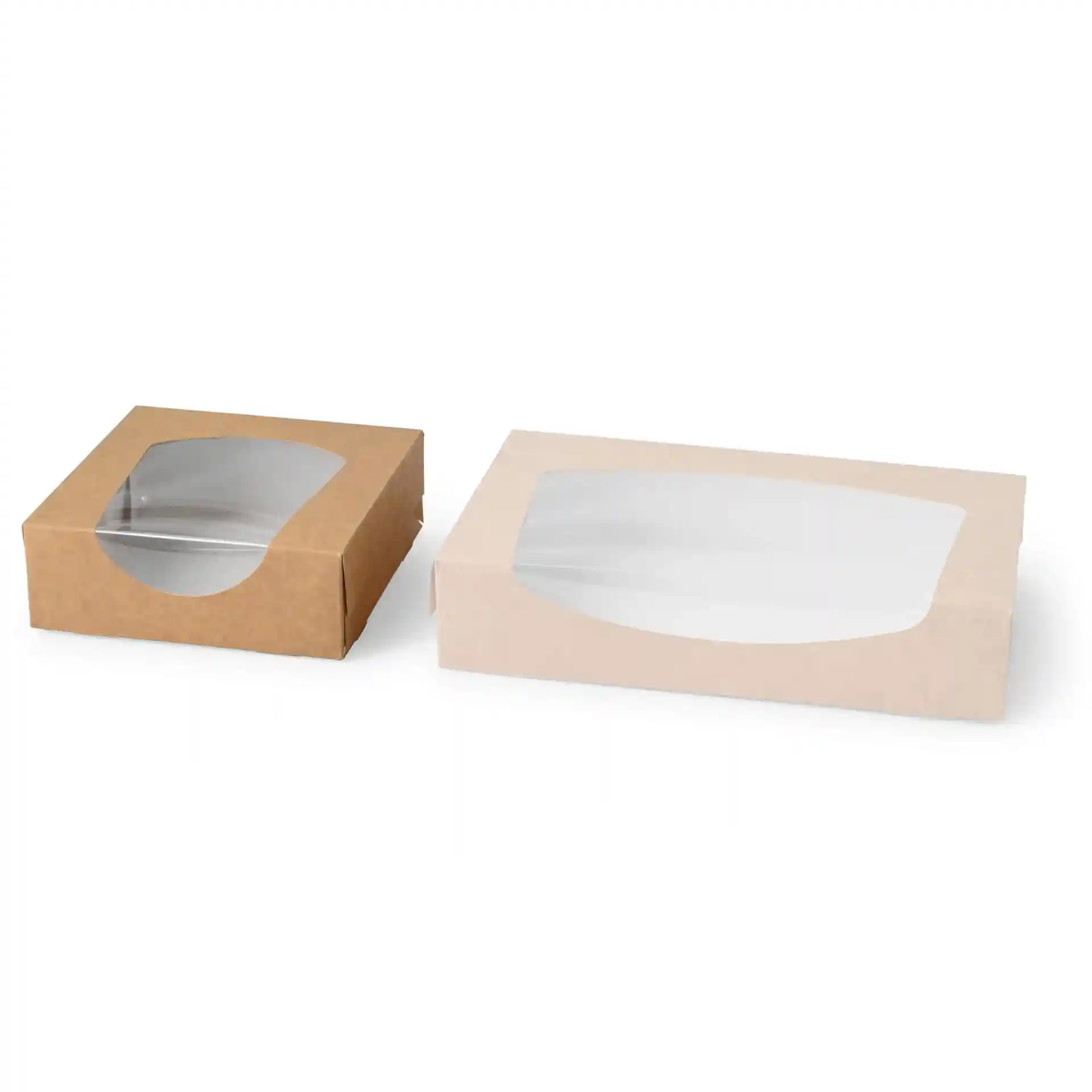 Two rectangular cardboard window boxes, one brown and one white, with clear viewing windows.