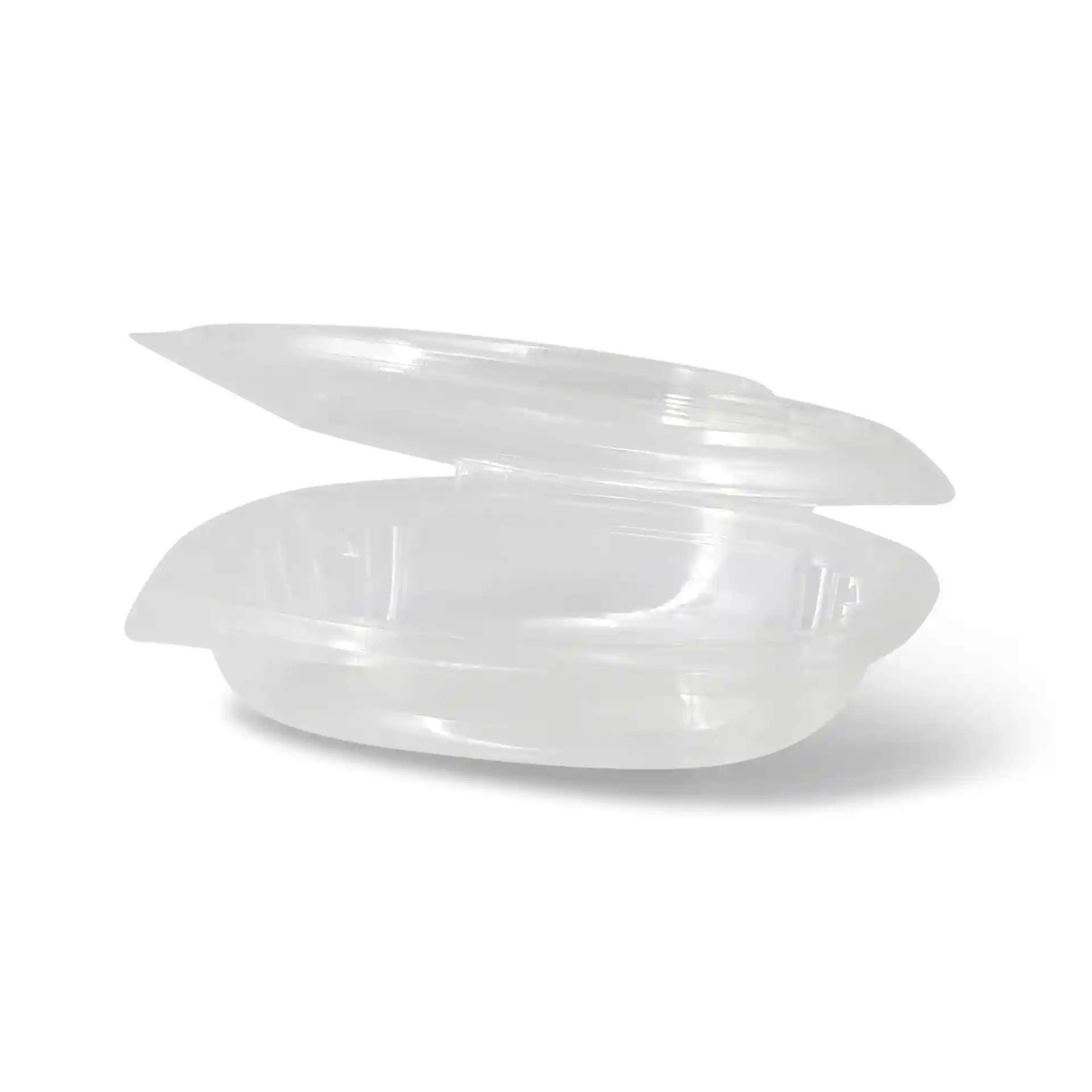 Transparent rectangular PLA deli bowl with a folding lid, showing the bowl and lid slightly separated.