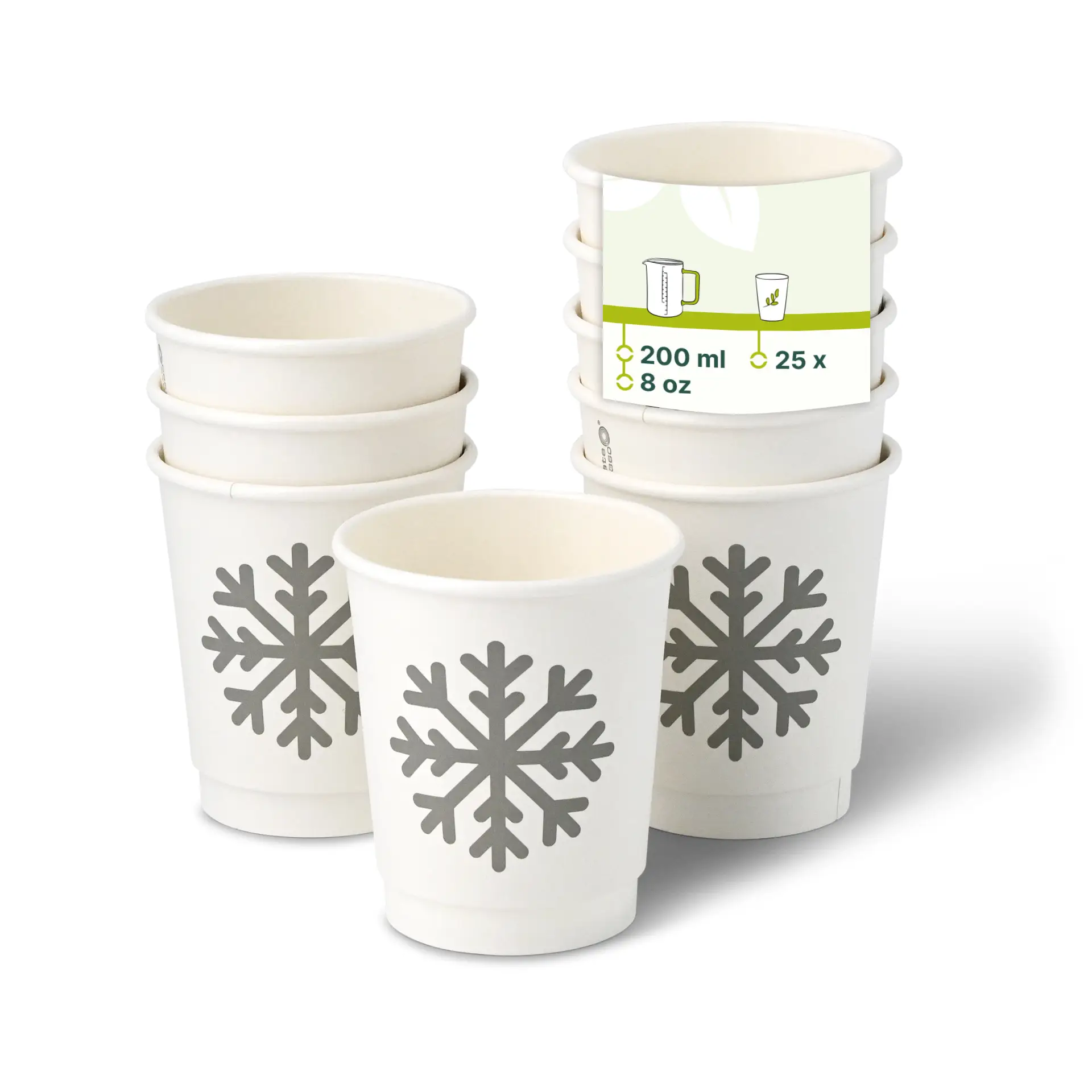 Pappbecher doppelwandig Winter "Schneeflocke", 200 ml / 8 oz, Ø 80 mm, weiß Pappbecher doppelwandig Winter "Schneeflocke", 200 ml / 8 oz, Ø 80 mm, weiß