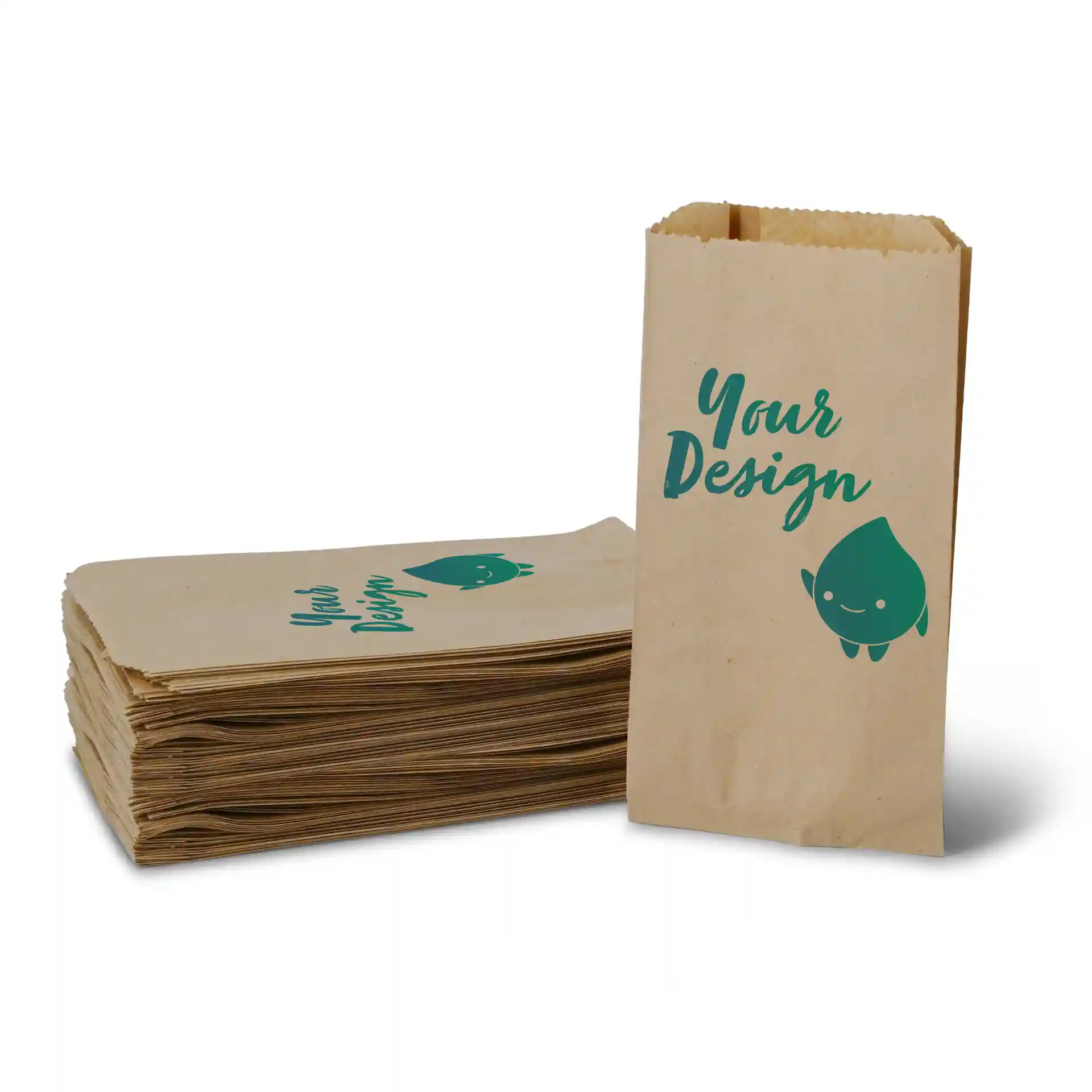 Brown cardboard bread bags with a customizable design, one bag upright and several stacked behind it.