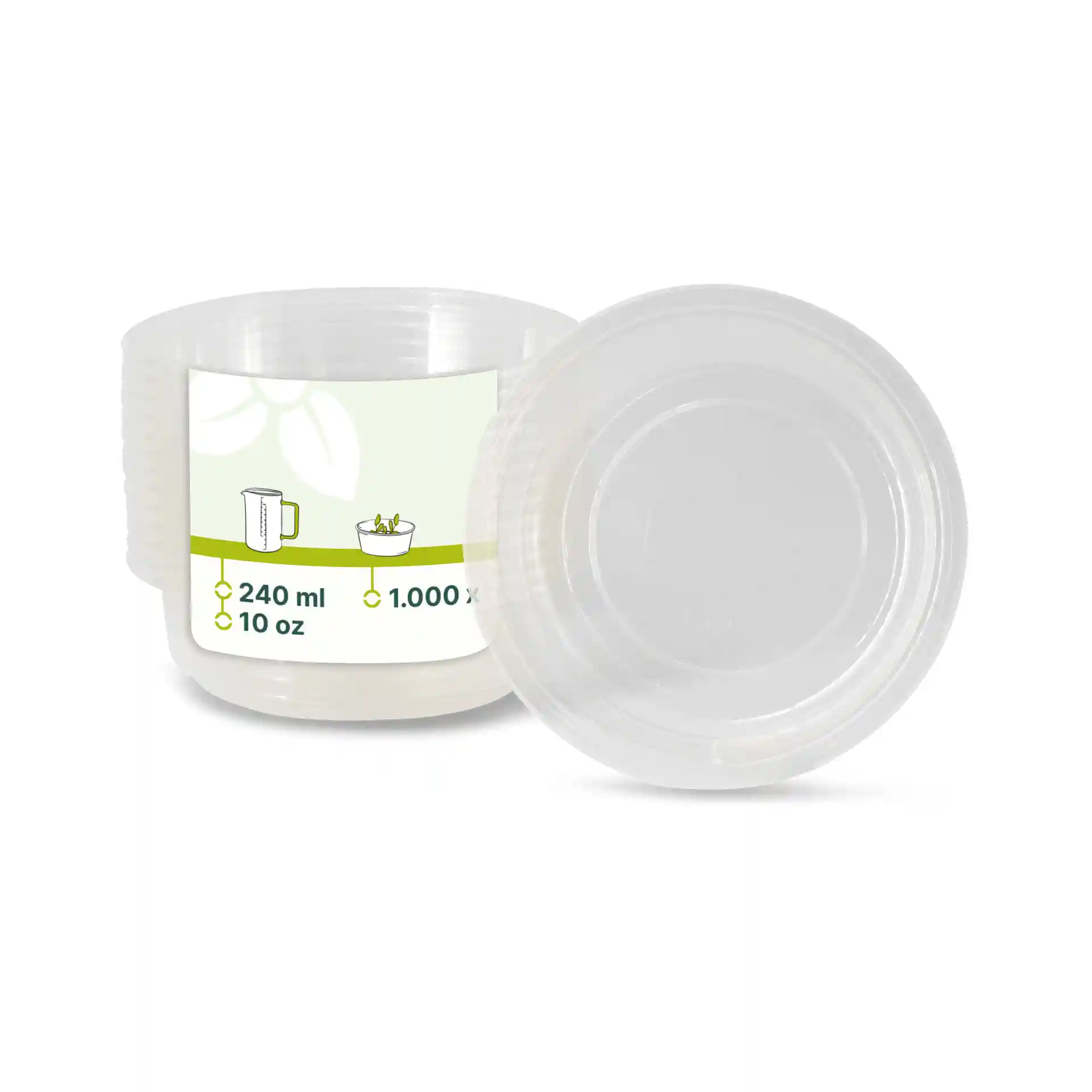 Transparent round deli container with a capacity of 240 ml, showing the lid and a label with volume markings.