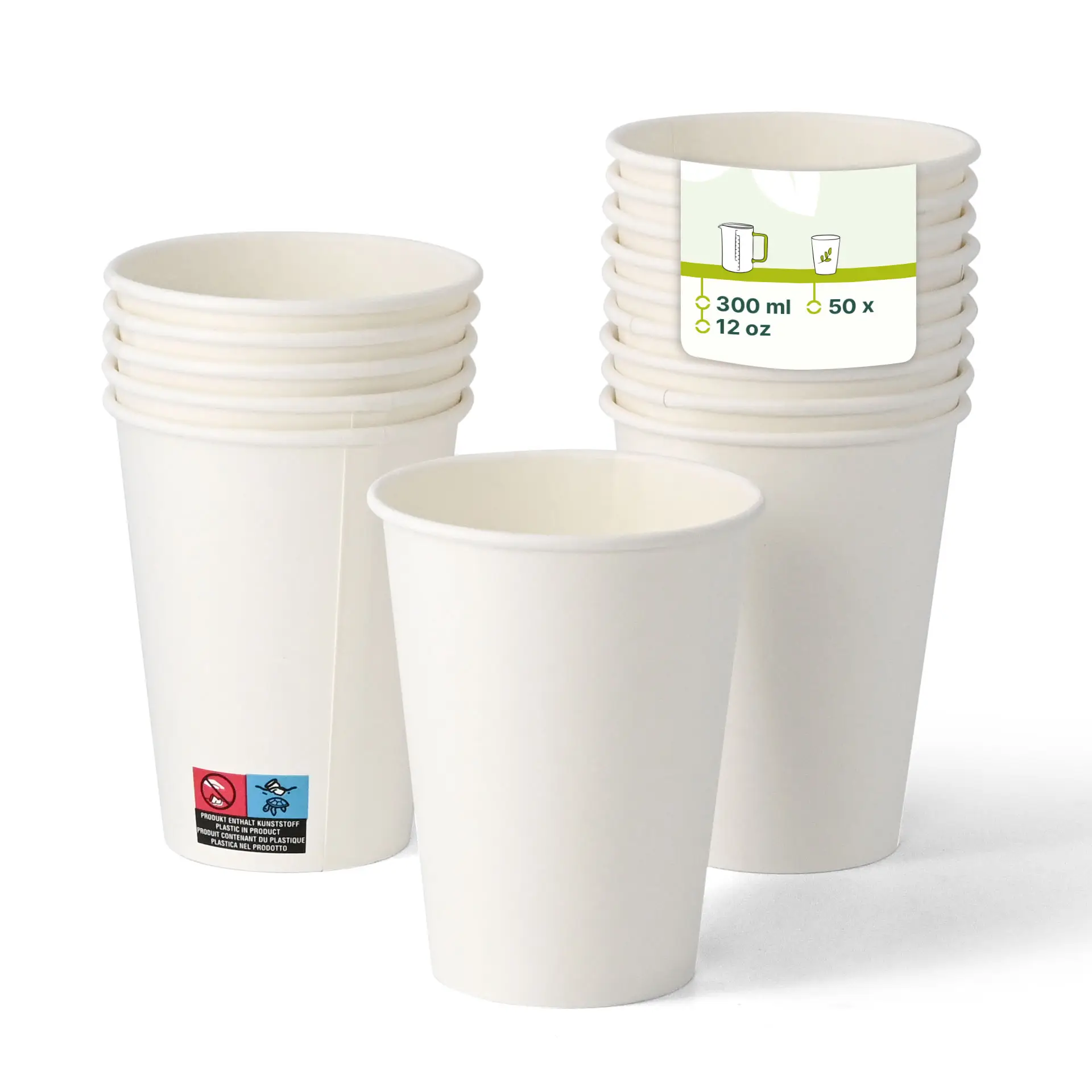 White single wall paper cups stacked, with one cup in front displaying a label indicating 300 ml capacity.