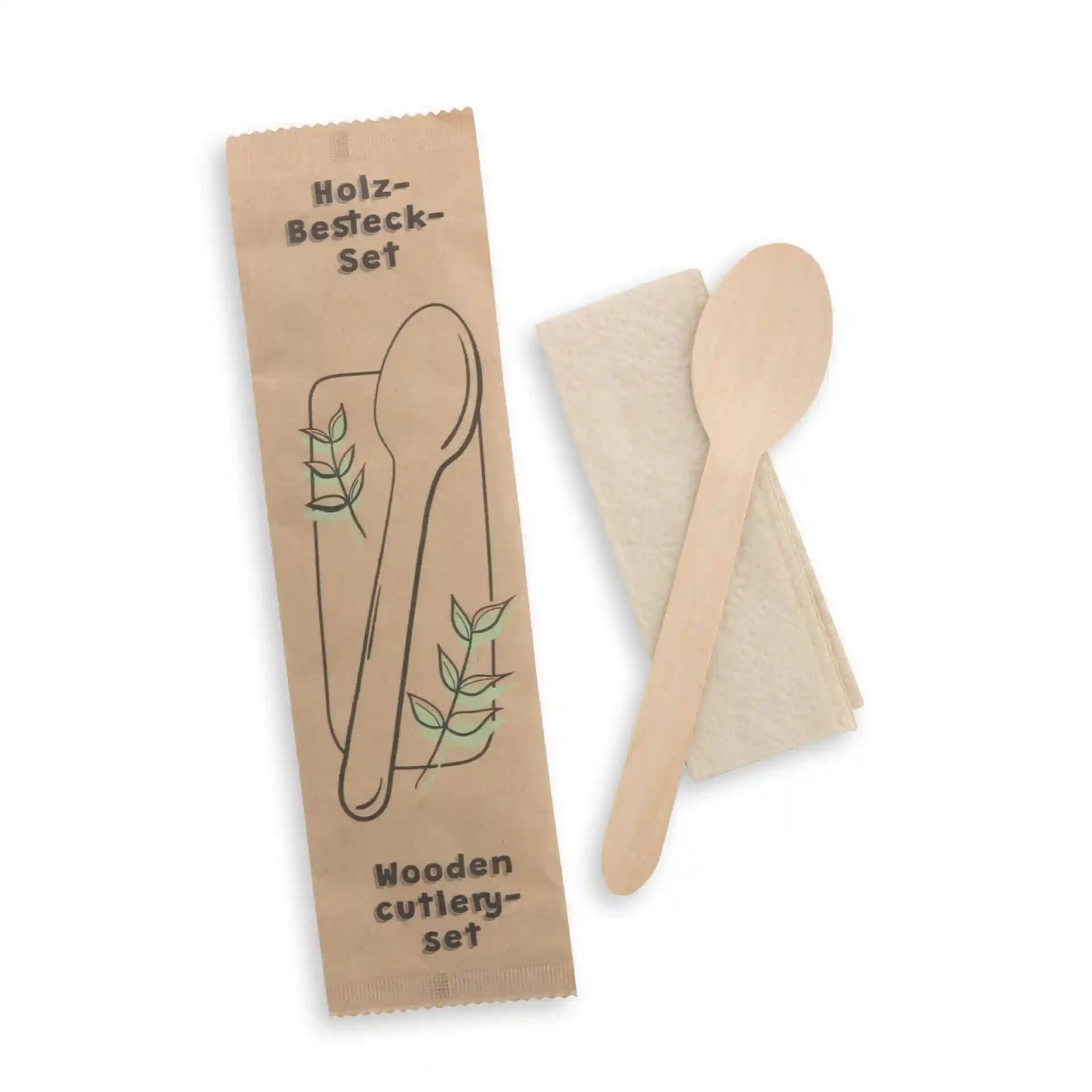 Braune Papierverpackung mit einem Holzlöffel und einer Serviette, mit grünen Blattillustrationen und Textetiketten.