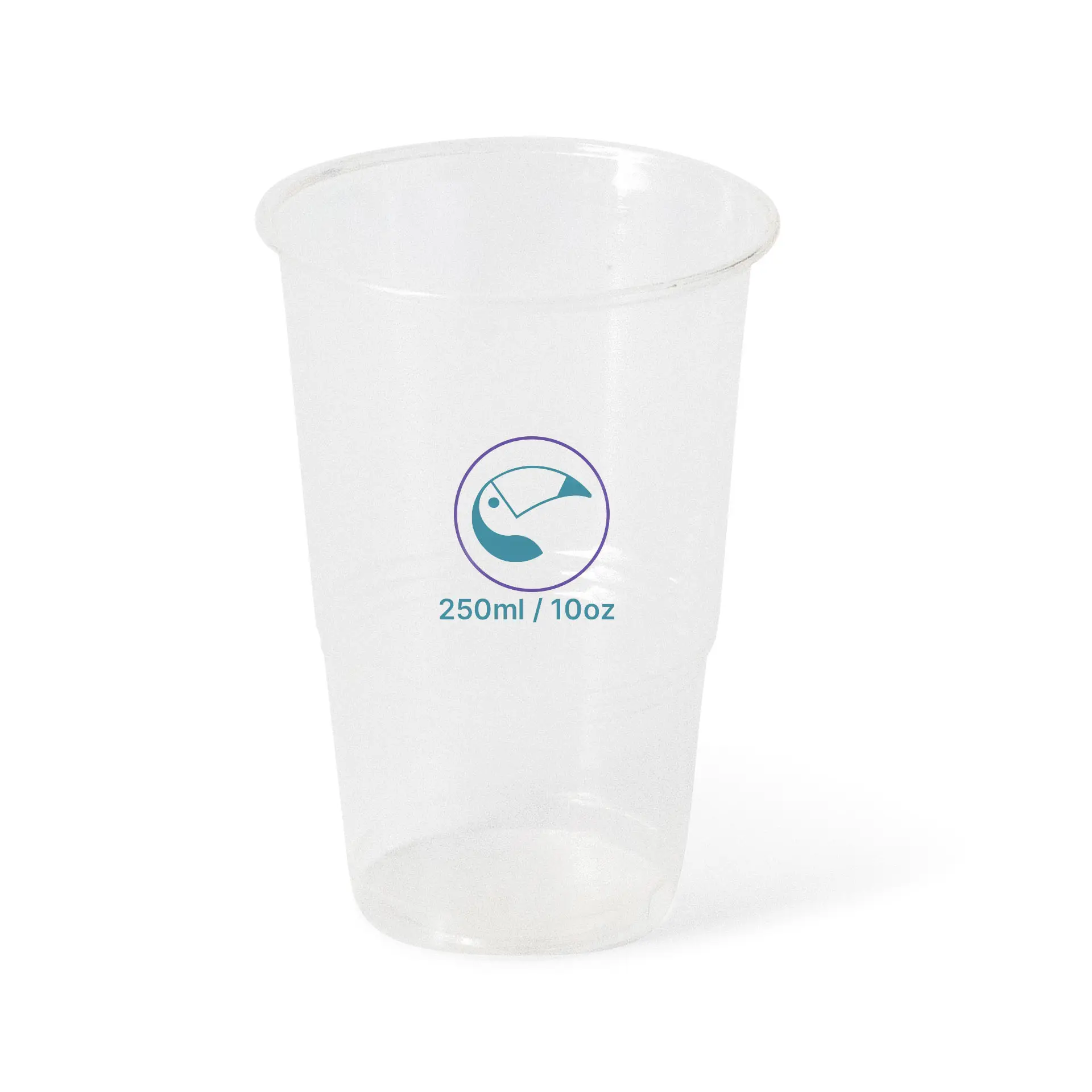 Clear 10 oz rPET cup for cold drinks, featuring a logo symbol and measurements on the side.