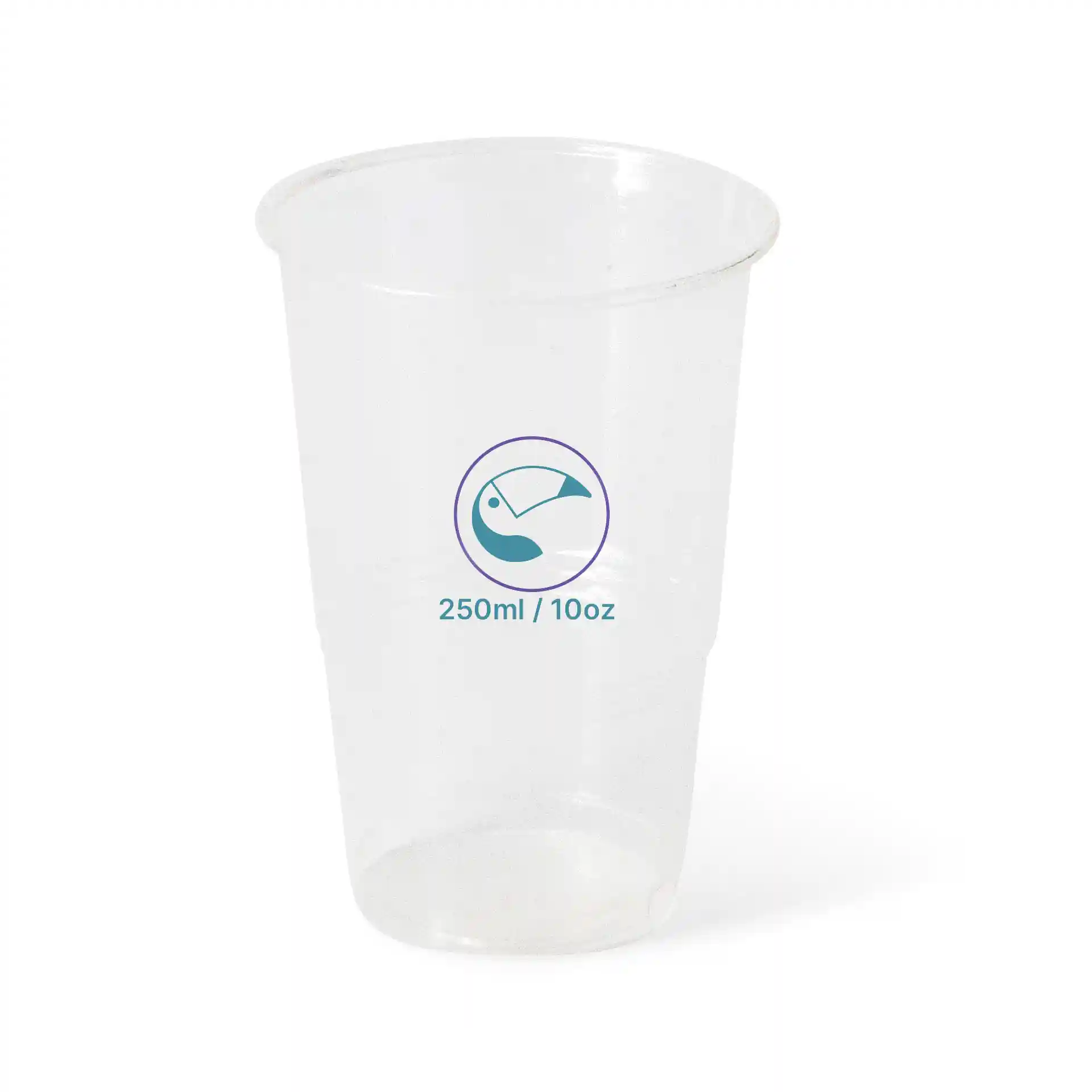 Clear plastic cup with a capacity of 250 ml, featuring a printed design and dimensions of 110 mm height and 77 mm top diameter.