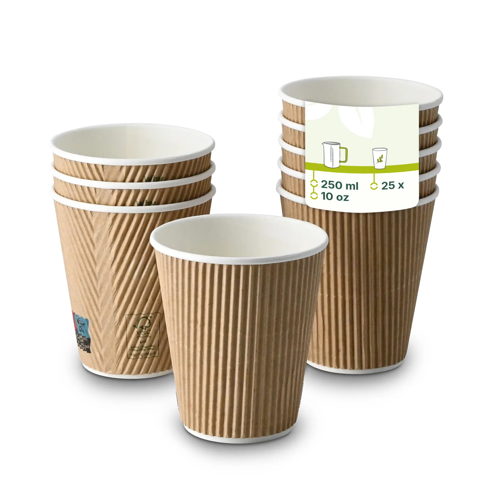 Ein 10 oz biologisch abbaubarer Wellpapp-Becher mit weißem Inneren und braunem Äußeren; mehrere Becher im Hintergrund mit reduzierter Opazität.