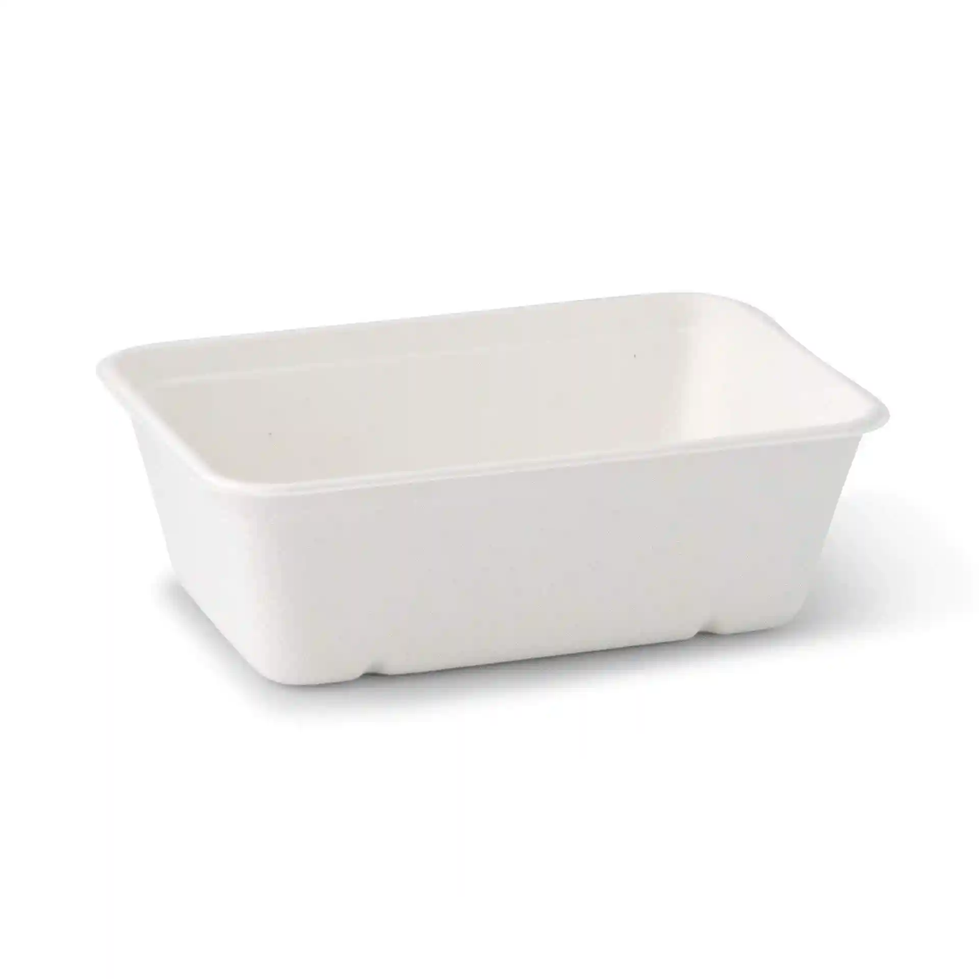 Rectangular white sugarcane bowl measuring 17 x 12 x 6 cm with a volume of 650 ml.