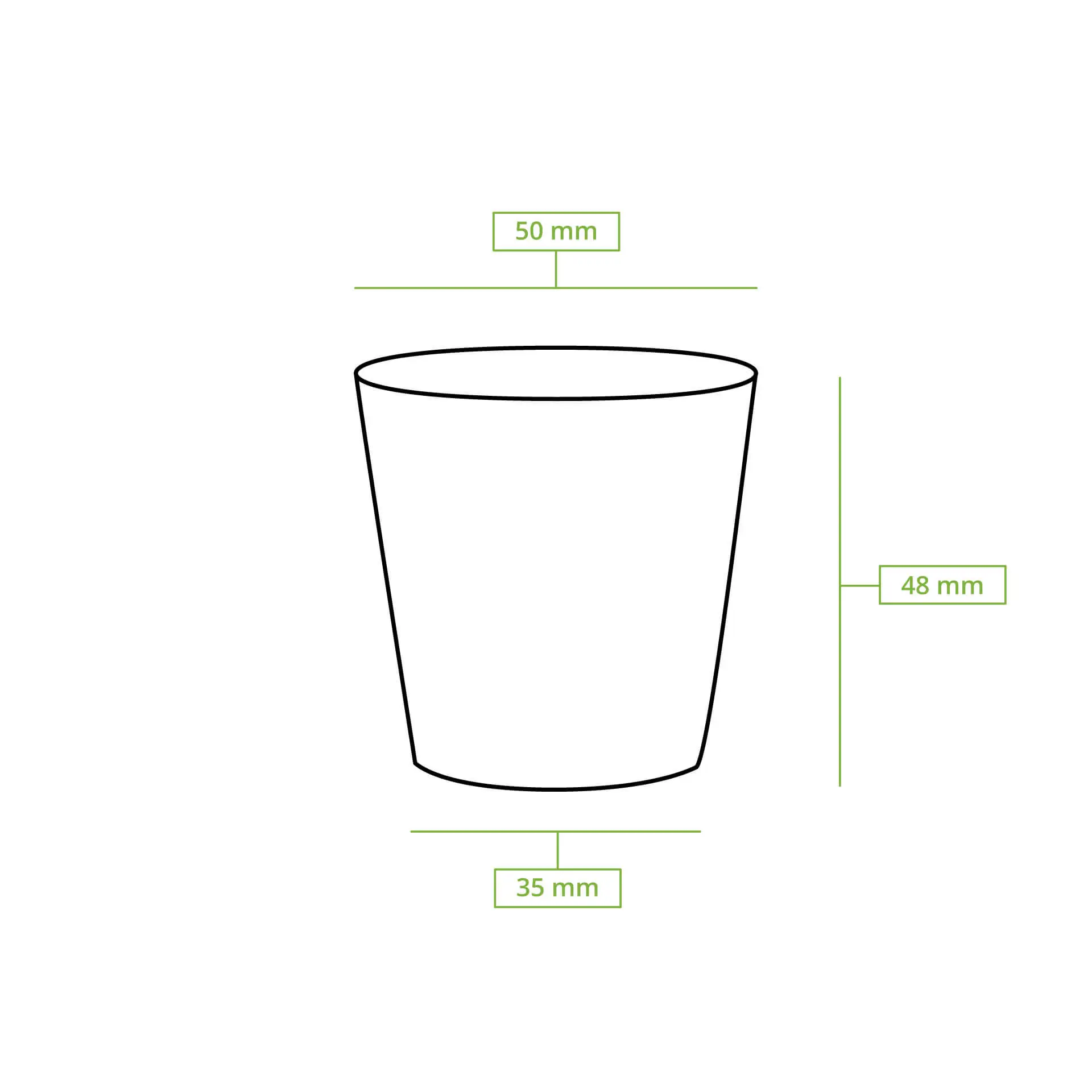 Single-wall paper cup, 50 ml, white with PLA coating; dimensions labeled: 50 mm diameter, 48 mm height, 35 mm base.