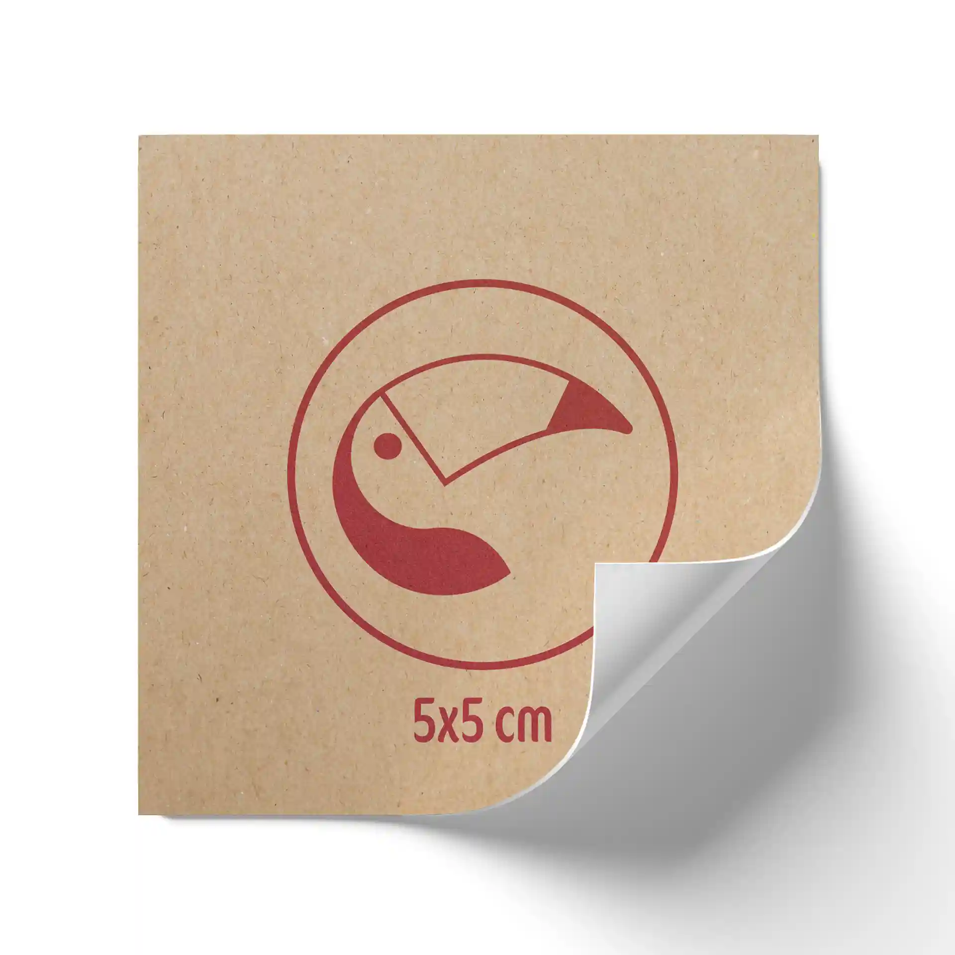 Square printed label on brown kraft paper, featuring a red bird design and dimensions of 5 x 5 cm.