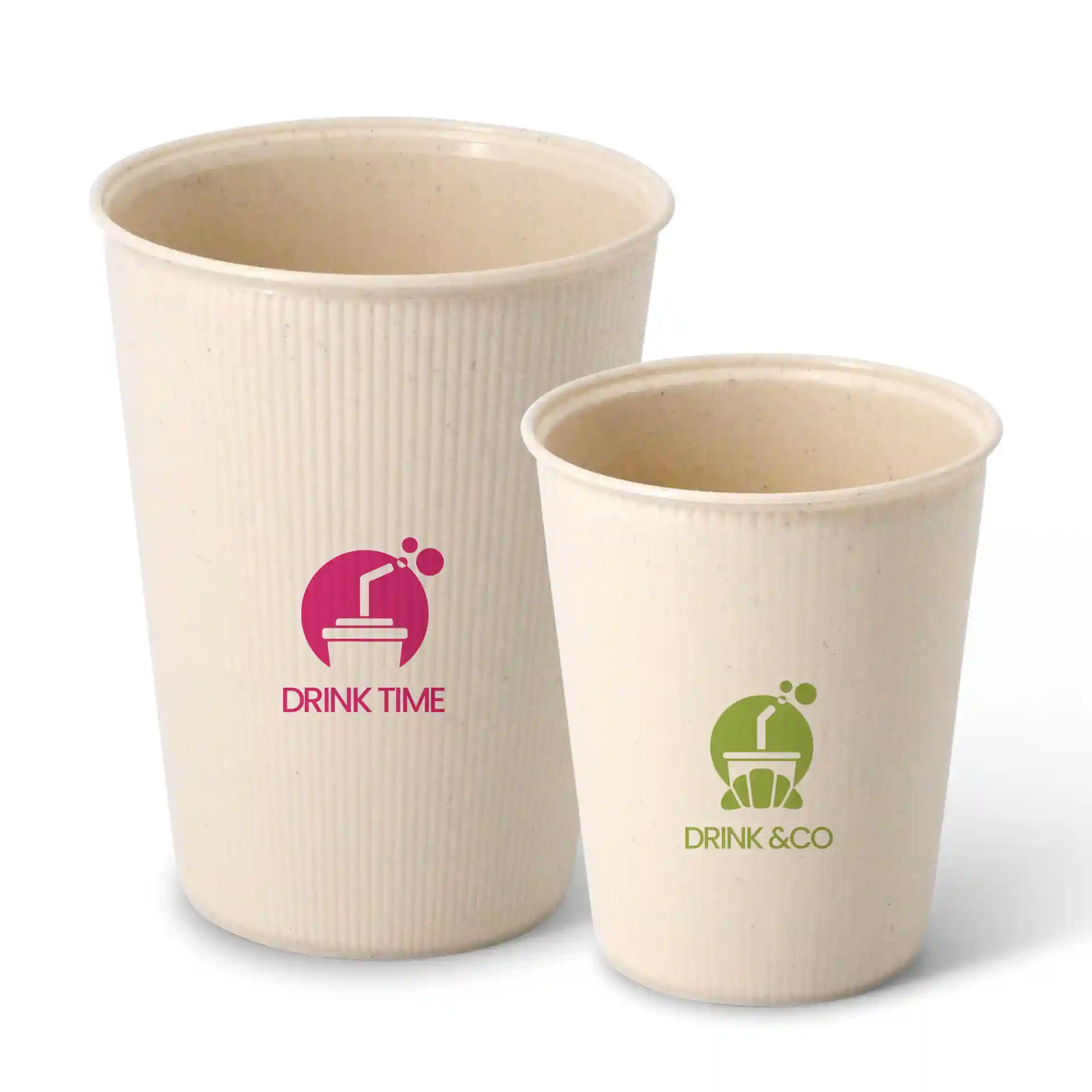 Two reusable cups with a ripple design, one larger and one smaller, both in a light color with printed logos.
