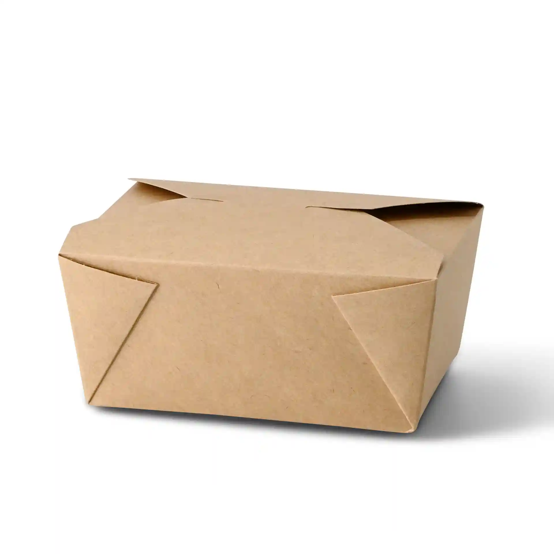 Brown takeaway container with a rectangular shape, featuring folded corners, measuring 165 mm long, 123 mm wide, and 72 mm high.