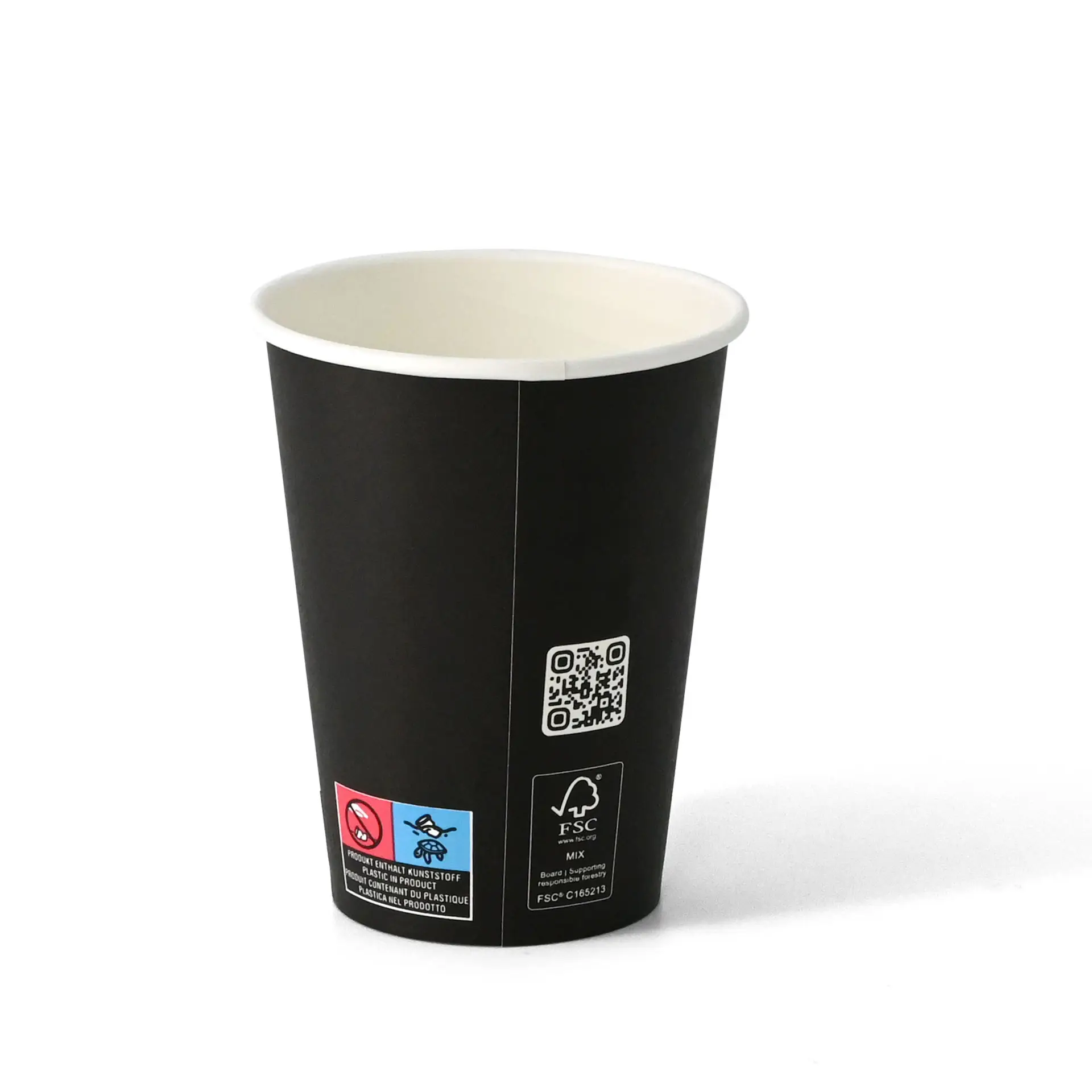 Single-wall black paper cup, 300 ml / 12 oz size, with a PLA coating for hot and cold drinks.
