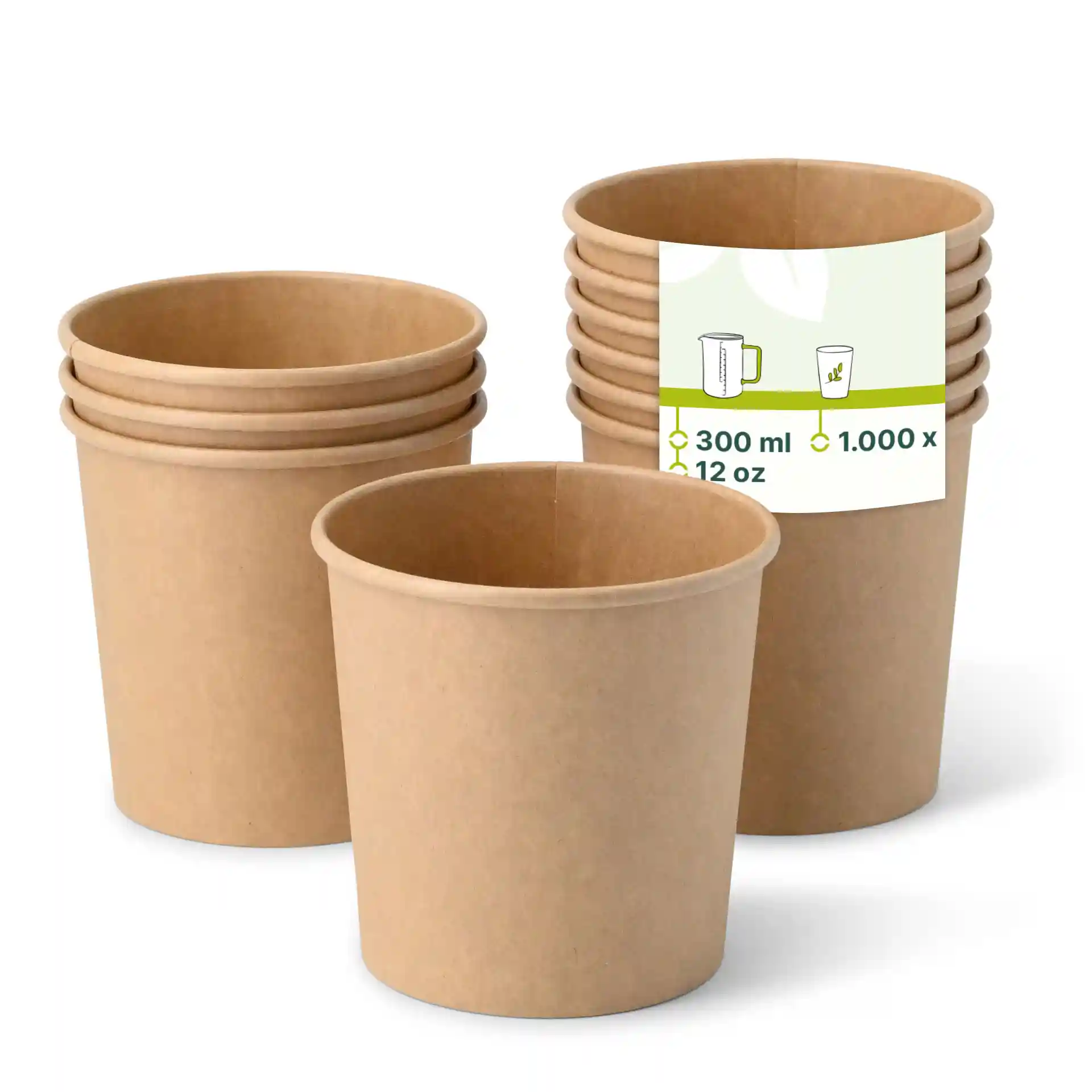 Brown paper ice cream tubs, round shape, 12 oz capacity, with several stacked and one in front.