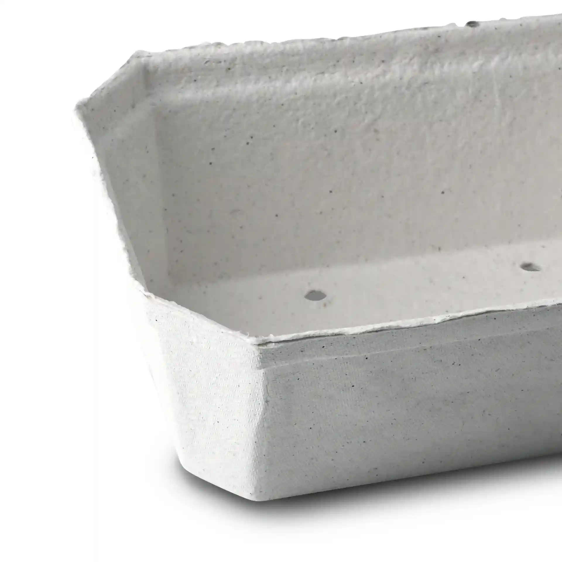 White wood pulp berry punnet with a rectangular shape and drainage holes, measuring 185 mm long and 115 mm wide.