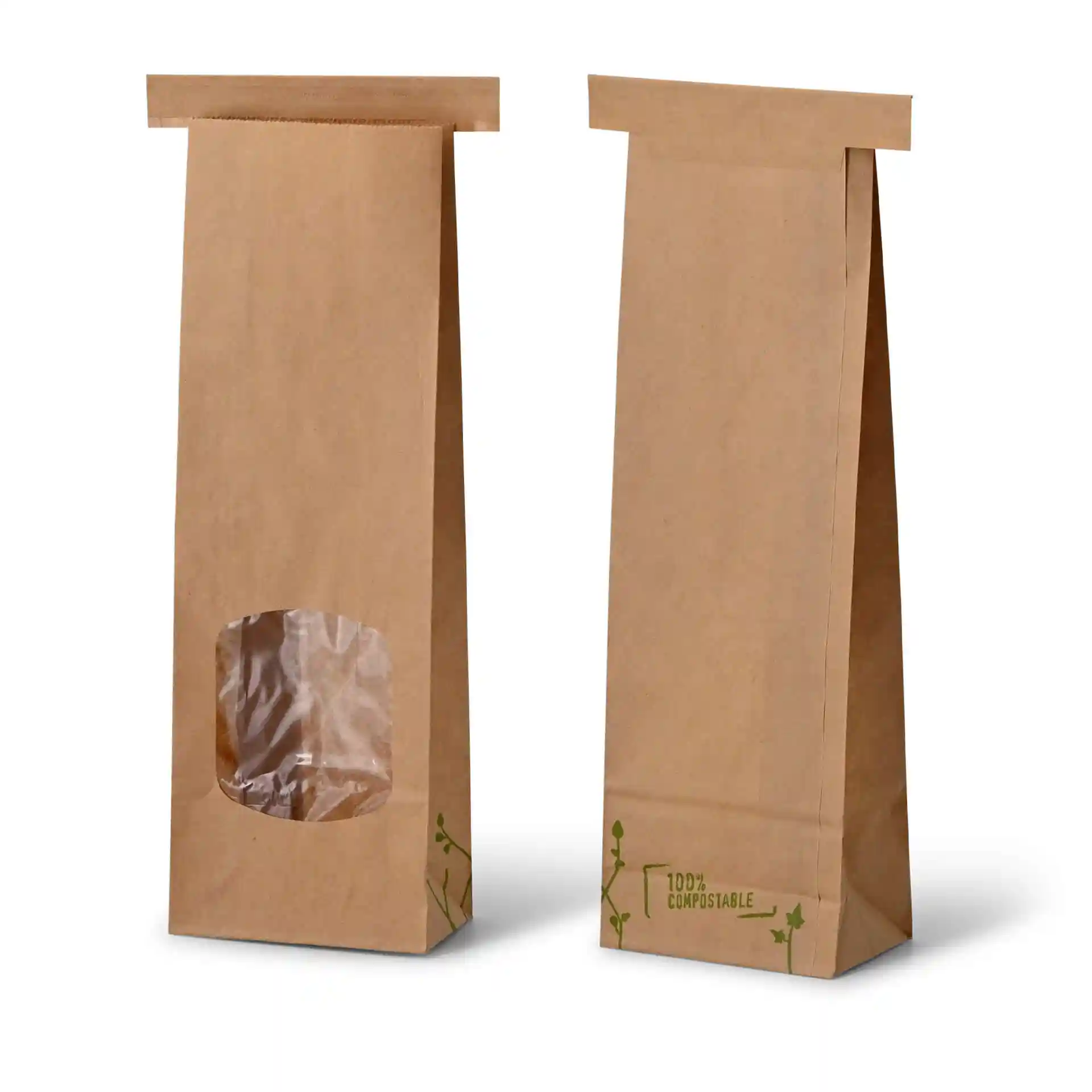 Braune Blockboden-Tüte mit Fenster, aus Kraftpapier, mit einer Zinkverschluss.