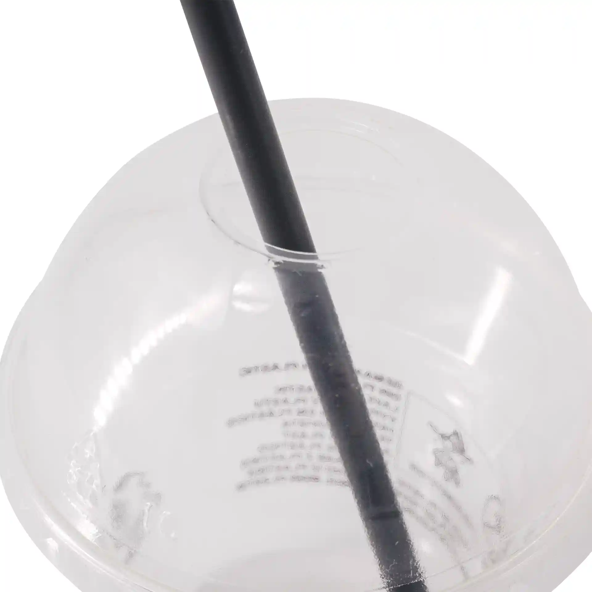 Clear plastic cup with a black reusable straw inserted, showing the cup's opening and base details.