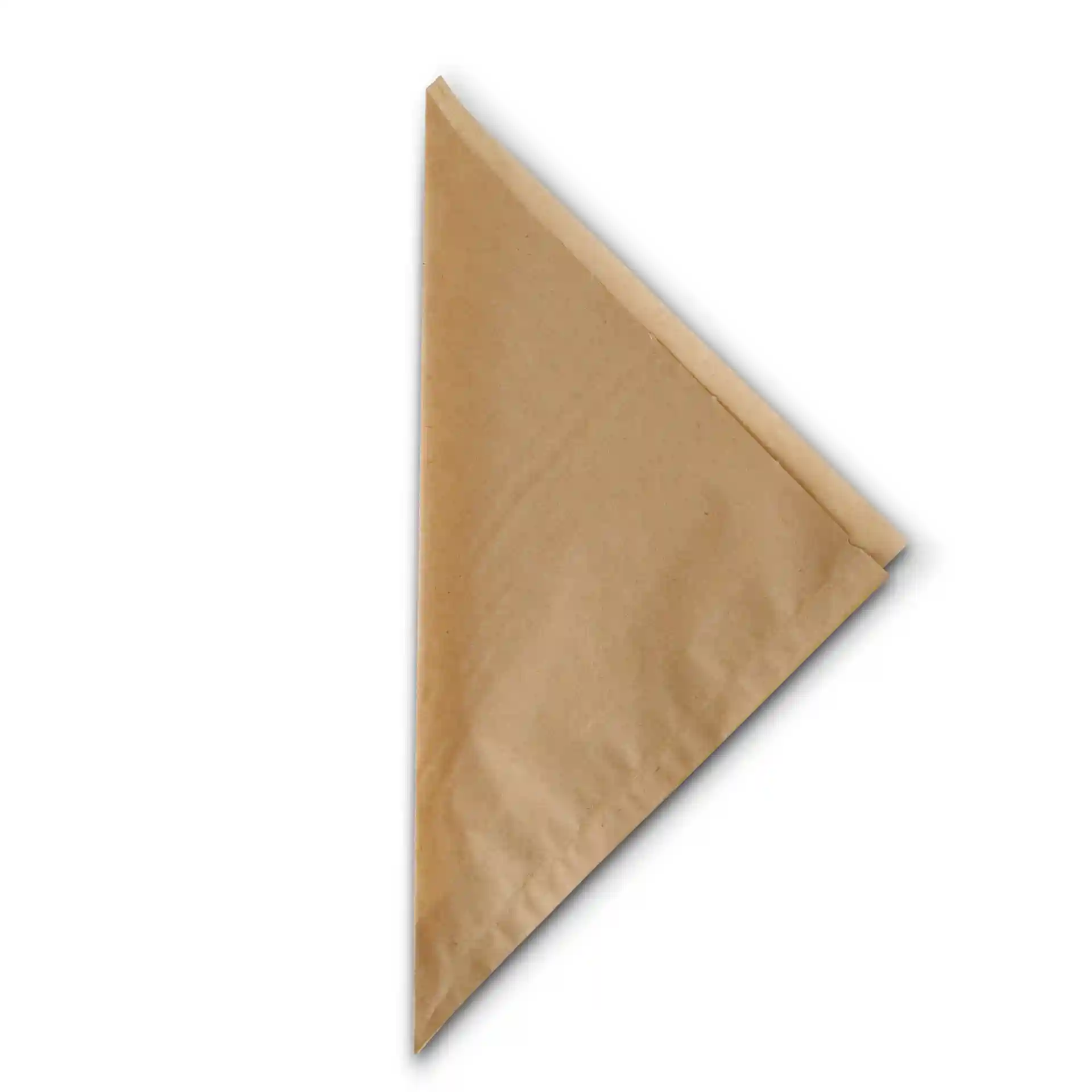 Brown paper French fry bag, greaseproof, triangular shape, measuring 19 × 19 cm.