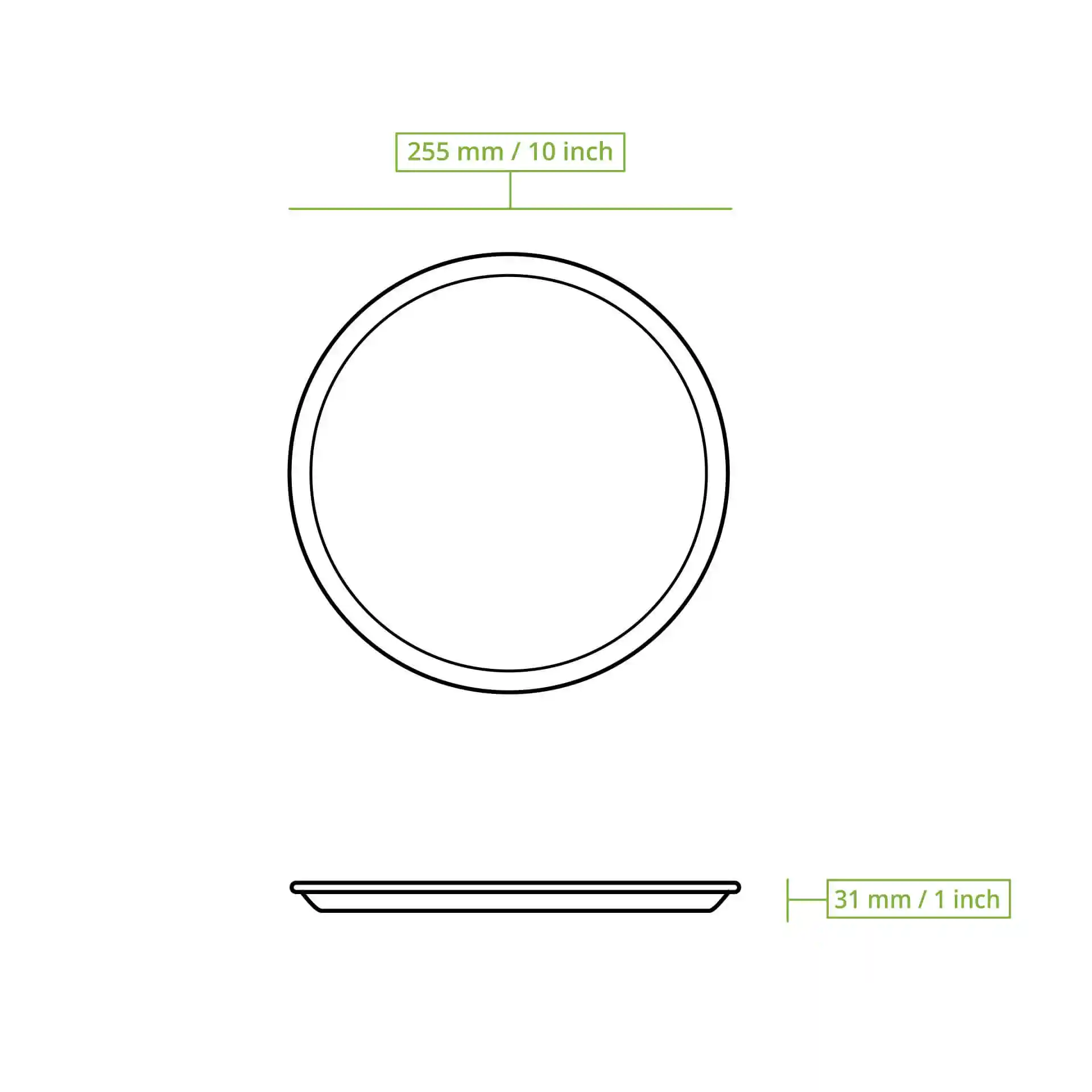 Schematische Zeichnung eines runden Palmblatt-Tellers mit einem Durchmesser von 255 mm und einer Höhe von 31 mm.