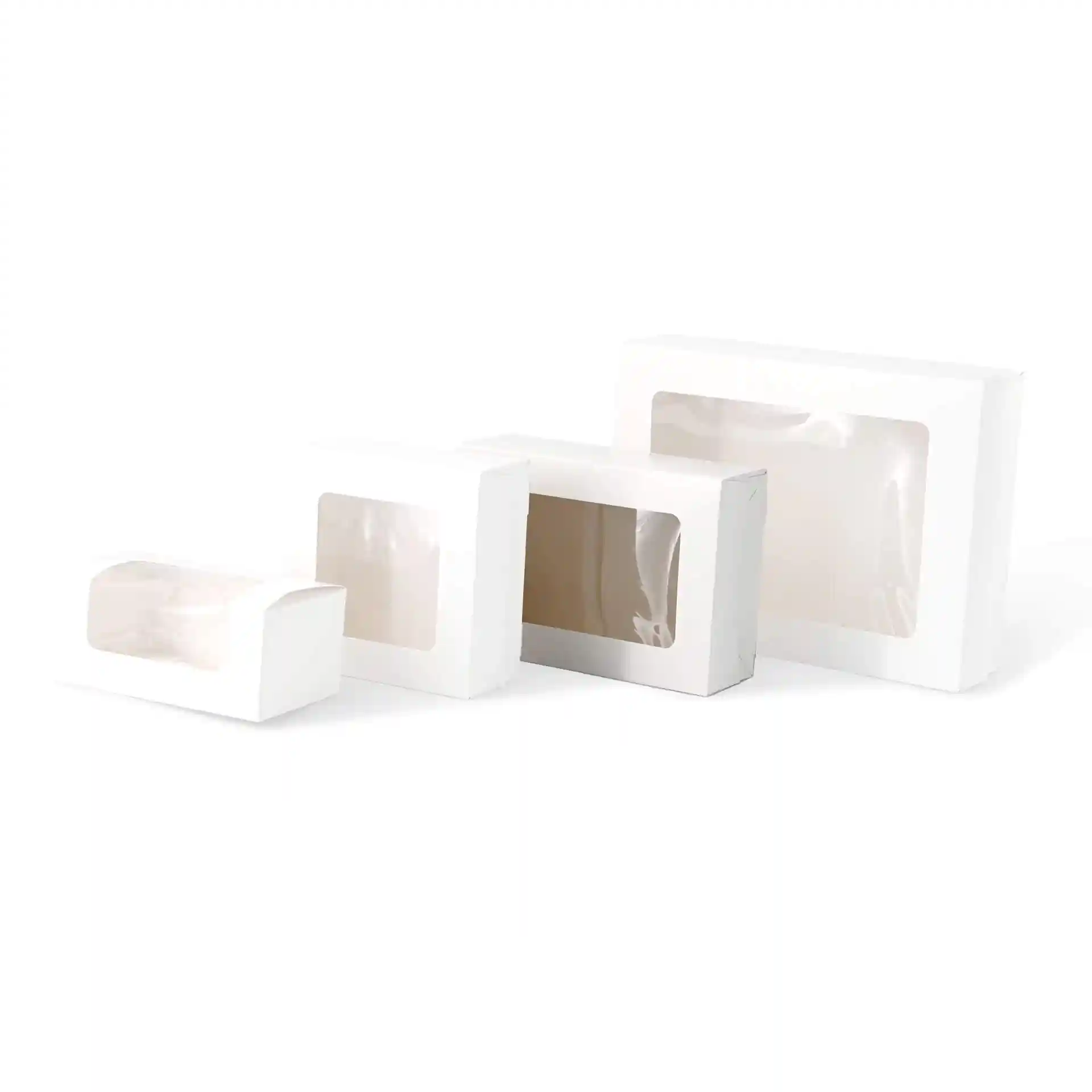 Set of four white cardboard cupcake boxes with clear cellulose windows, varying in size.