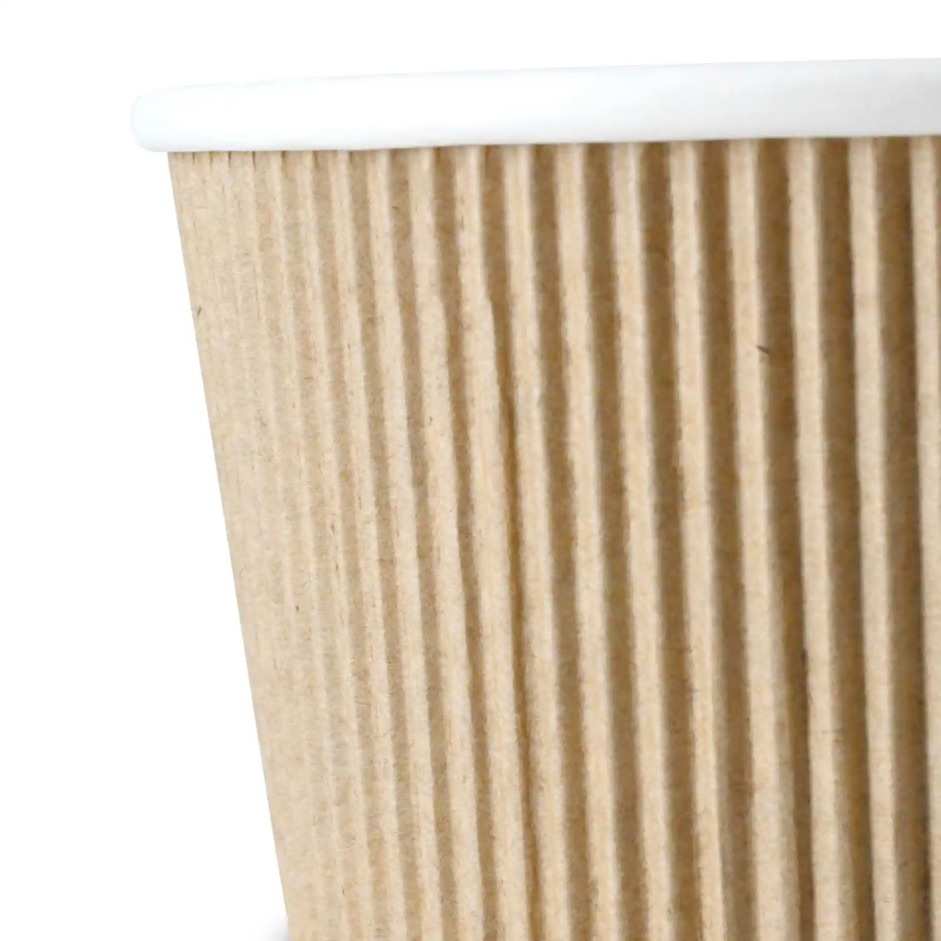 Brown ribbed cardboard soup cup with a white rim, showing the textured surface and round shape.