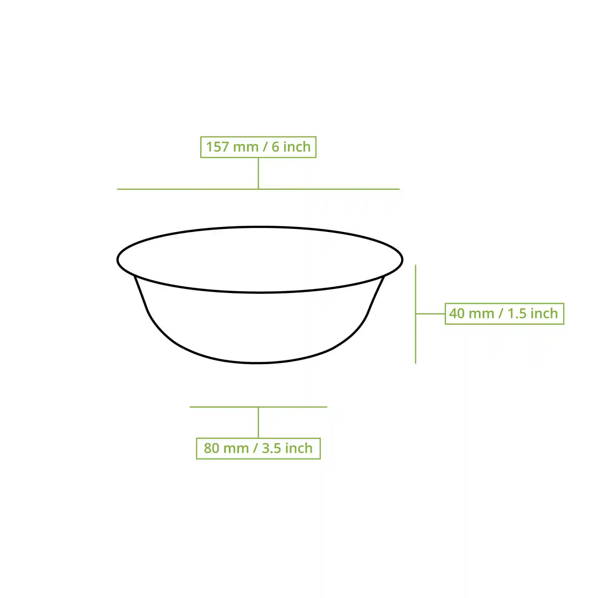 Schematic drawing of a round sugarcane bowl with dimensions: 157 mm diameter, 40 mm height, and 80 mm bottom diameter.