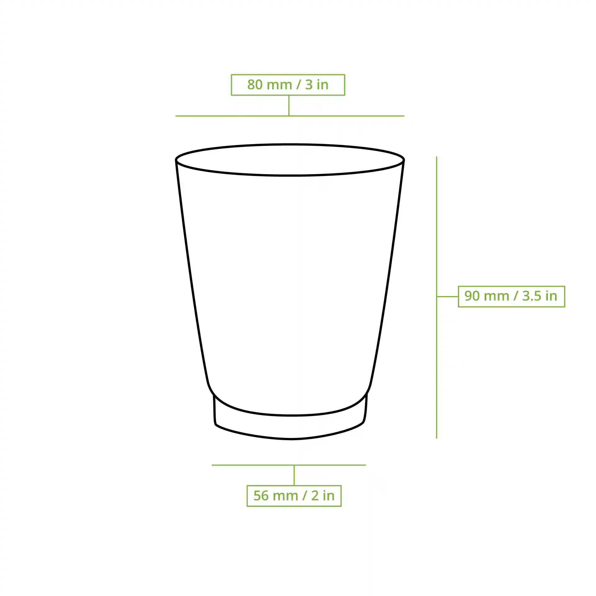 Schematische Zeichnung eines doppelwandigen Bechers mit Abmessungen: Höhe 90 mm, oberer Durchmesser 80 mm, Basisdurchmesser 56 mm.