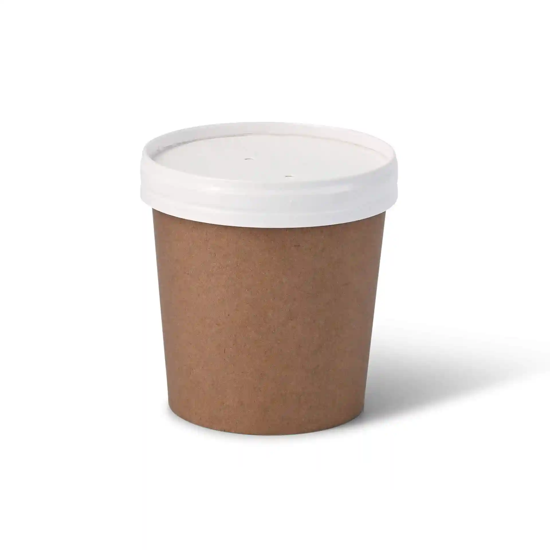 Round cardboard cup with a white lid, featuring two small holes on top.