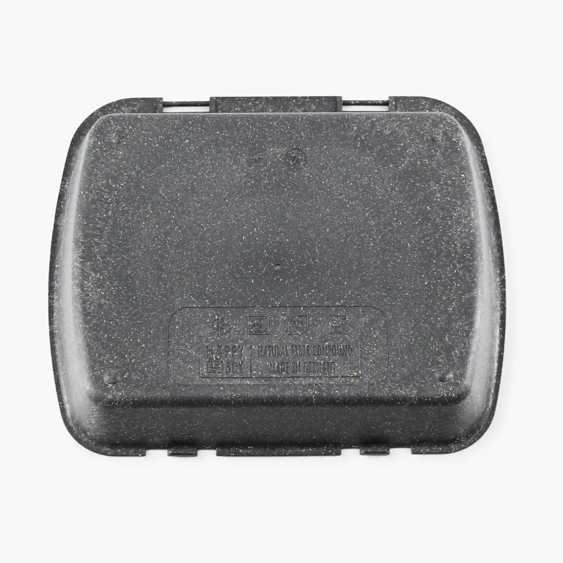 Rectangular grey reusable menu container with a textured surface and a secure closure, measuring 24.5 x 20 x 4.5 cm.