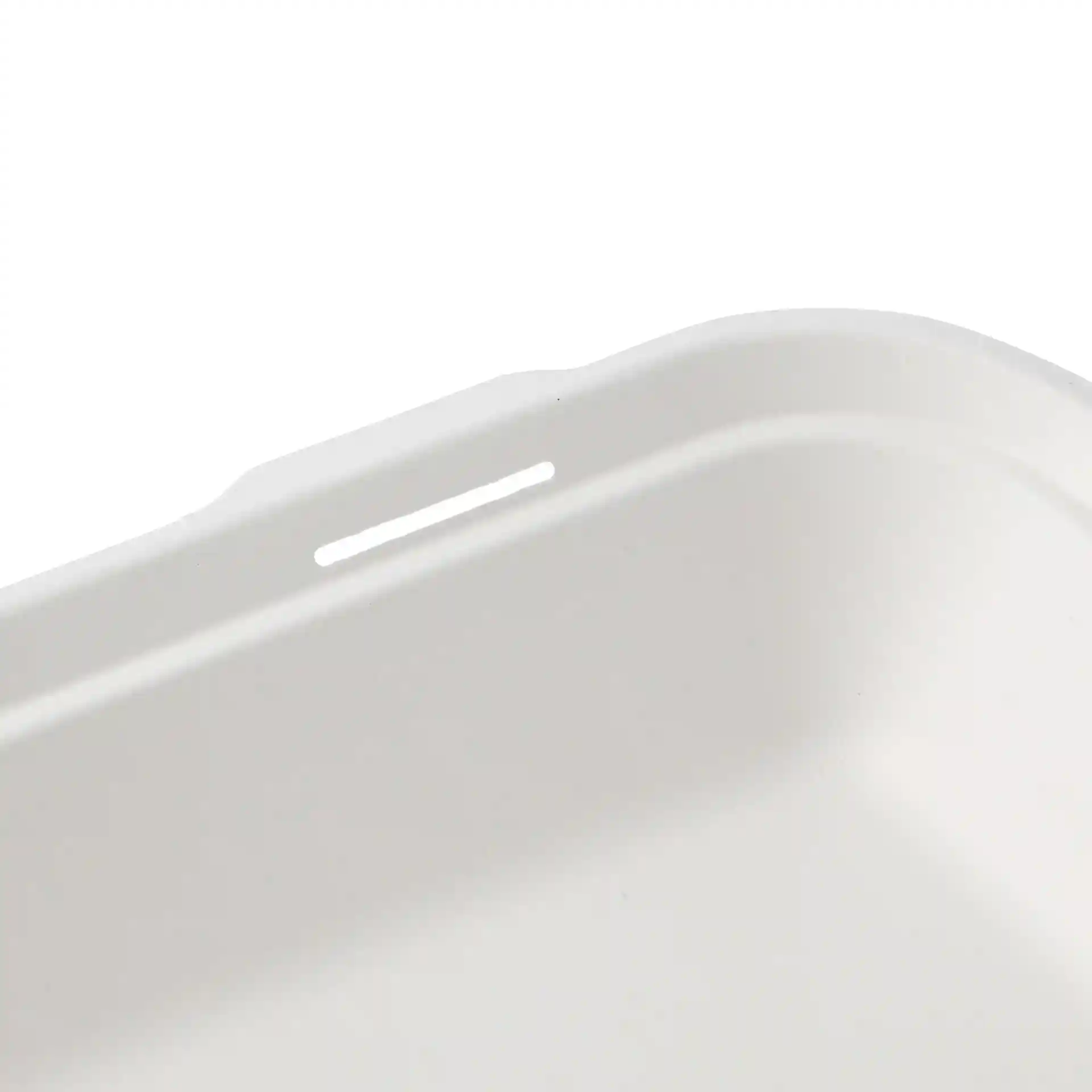 Close-up of a white rectangular sugarcane container with a hinged lid and a small slot on the edge.